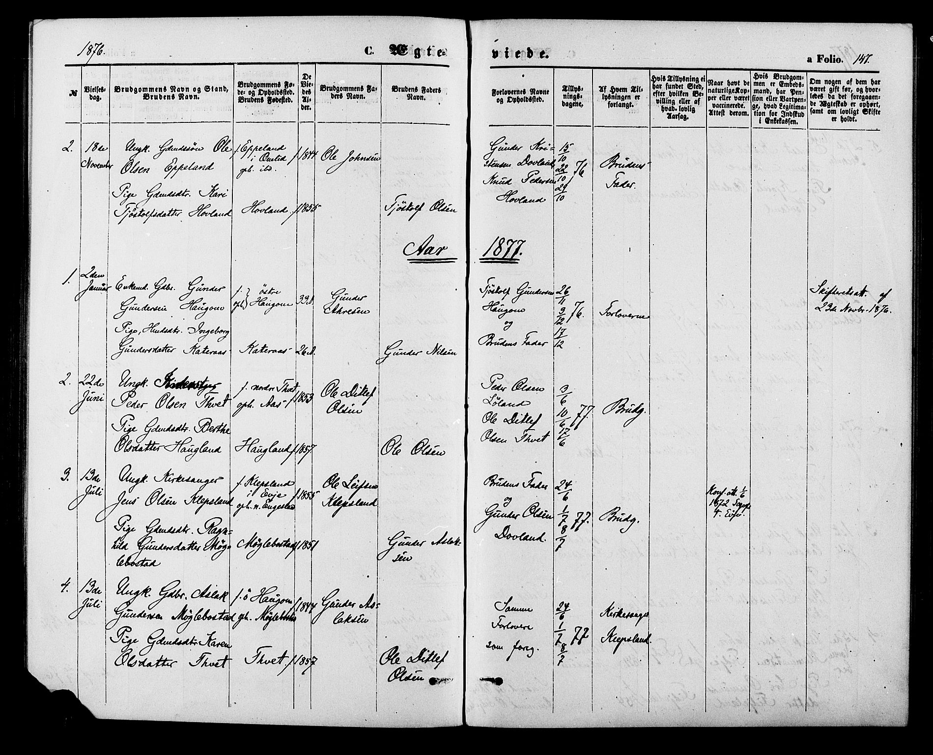 Herefoss sokneprestkontor, SAK/1111-0019/F/Fa/Fab/L0003: Parish register (official) no. A 3, 1875-1886, p. 147