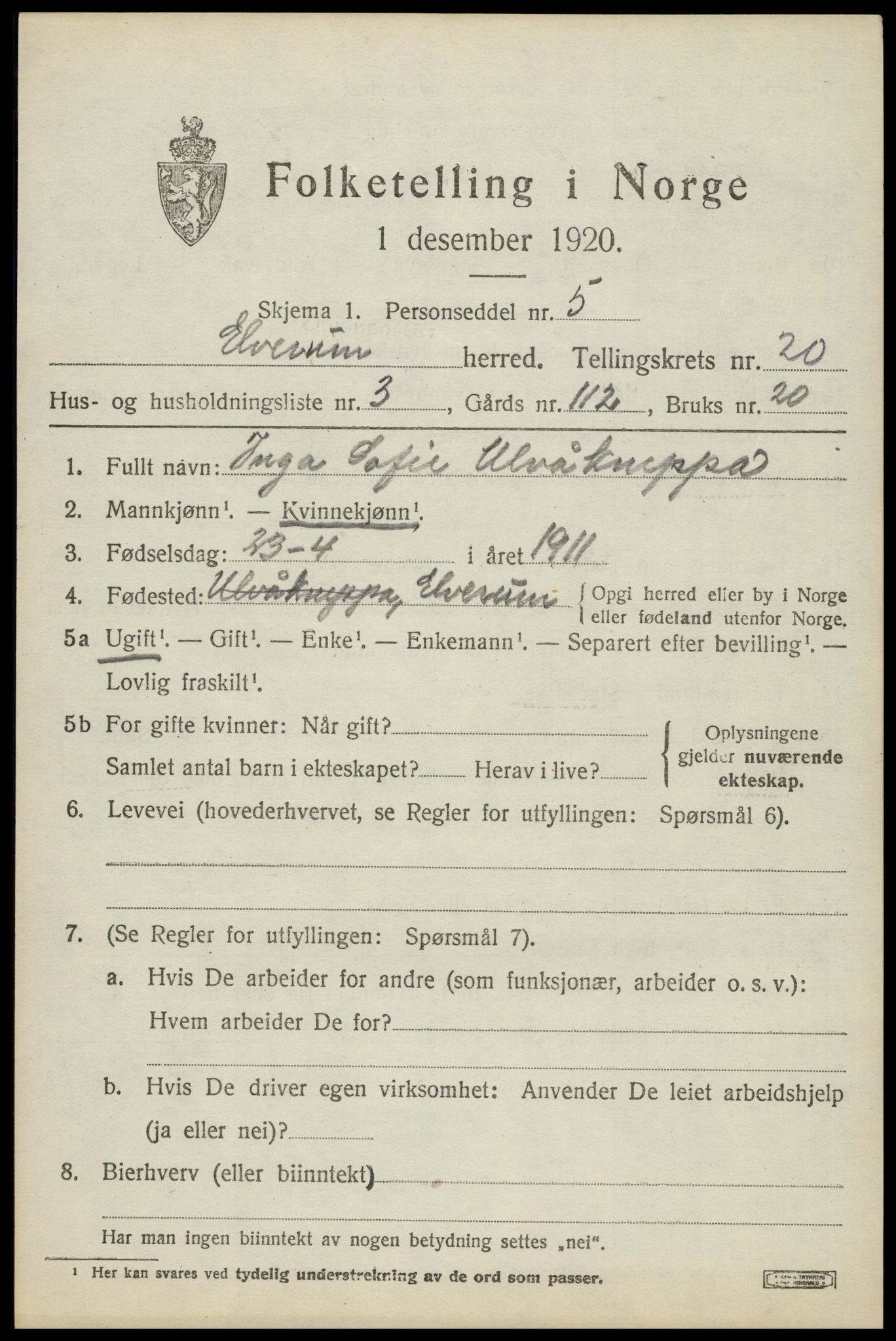 SAH, 1920 census for Elverum, 1920, p. 23312