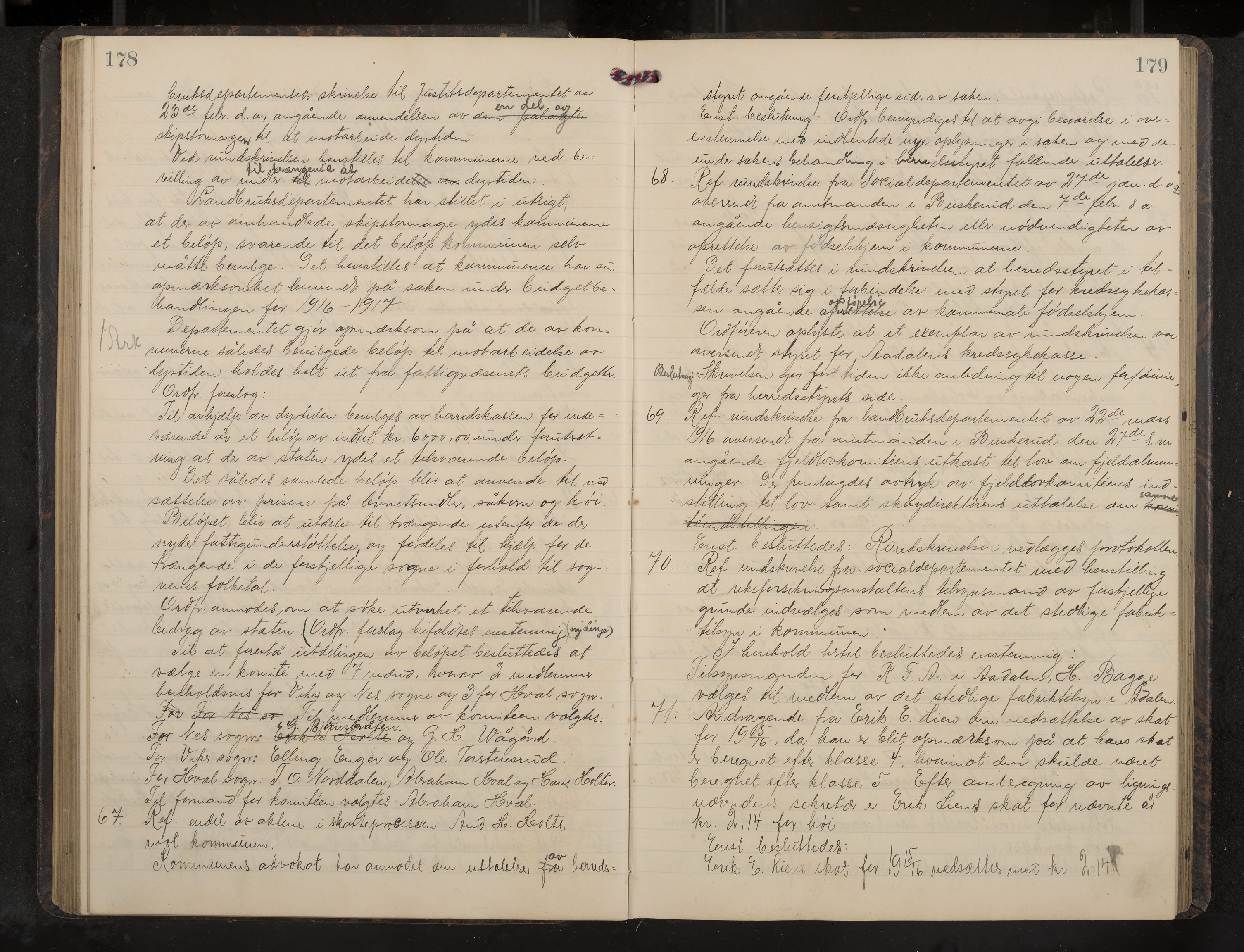 Ådal formannskap og sentraladministrasjon, IKAK/0614021/A/Aa/L0004: Møtebok, 1914-1918, p. 178-179