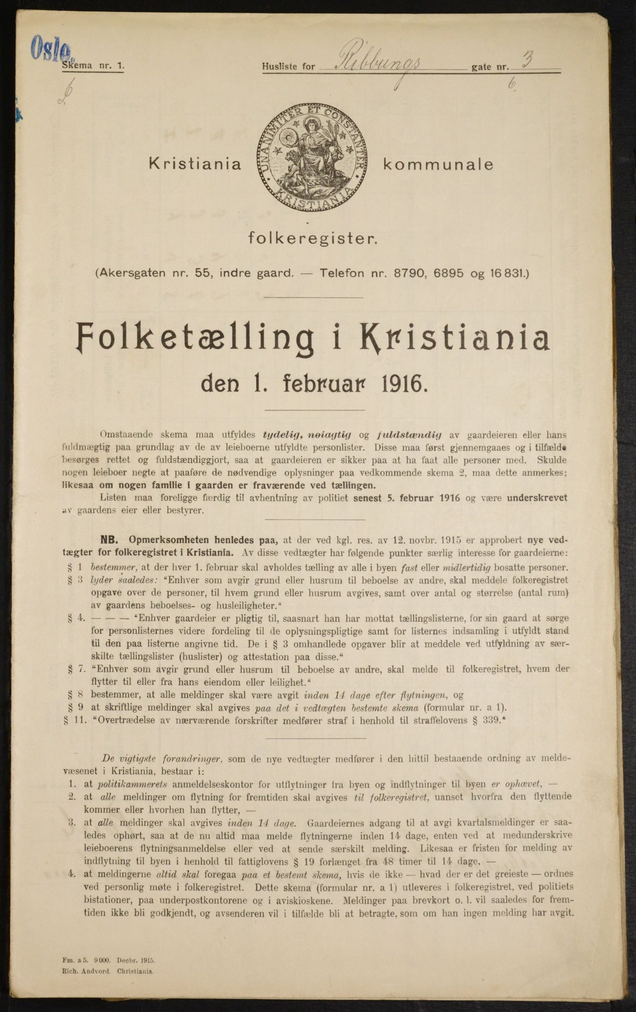 OBA, Municipal Census 1916 for Kristiania, 1916, p. 85087