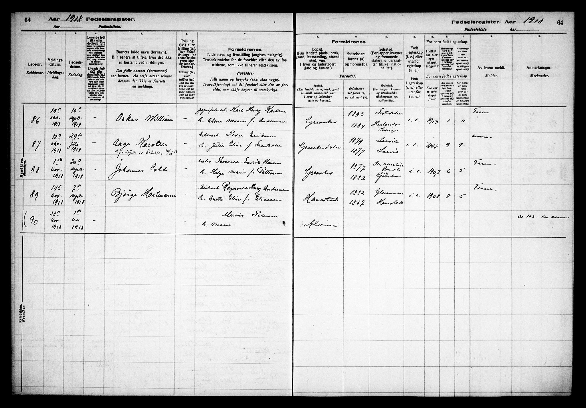 Tune prestekontor Kirkebøker, AV/SAO-A-2007/J/Ja/L0001: Birth register no. I 1, 1916-1928, p. 64