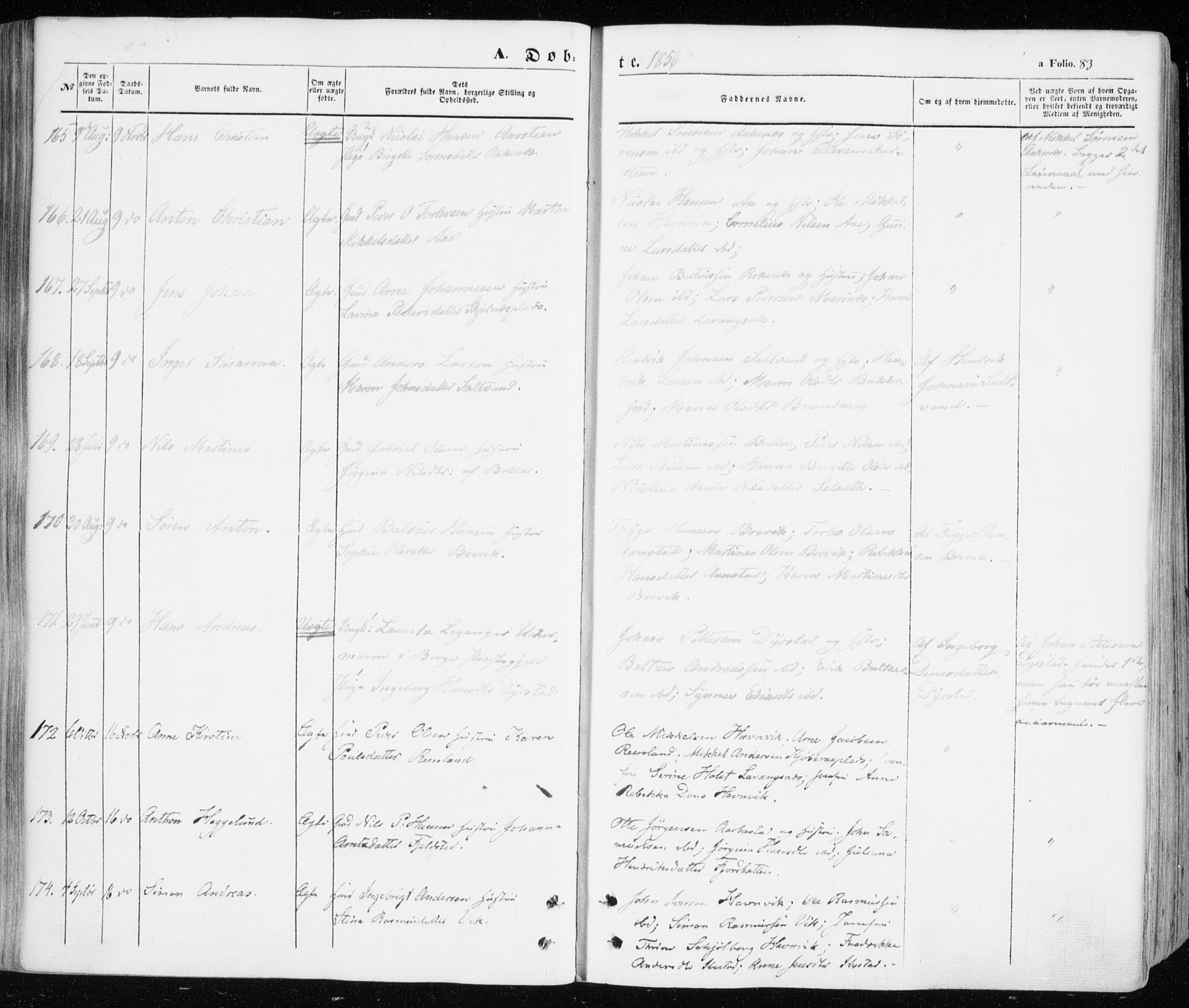Ibestad sokneprestembete, SATØ/S-0077/H/Ha/Haa/L0008kirke: Parish register (official) no. 8, 1850-1859, p. 83