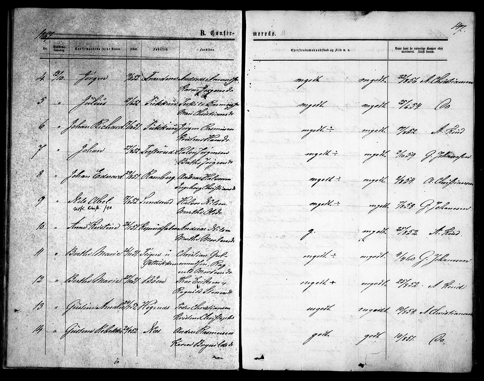 Rødenes prestekontor Kirkebøker, AV/SAO-A-2005/F/Fa/L0007: Parish register (official) no. I 7, 1860-1869, p. 147