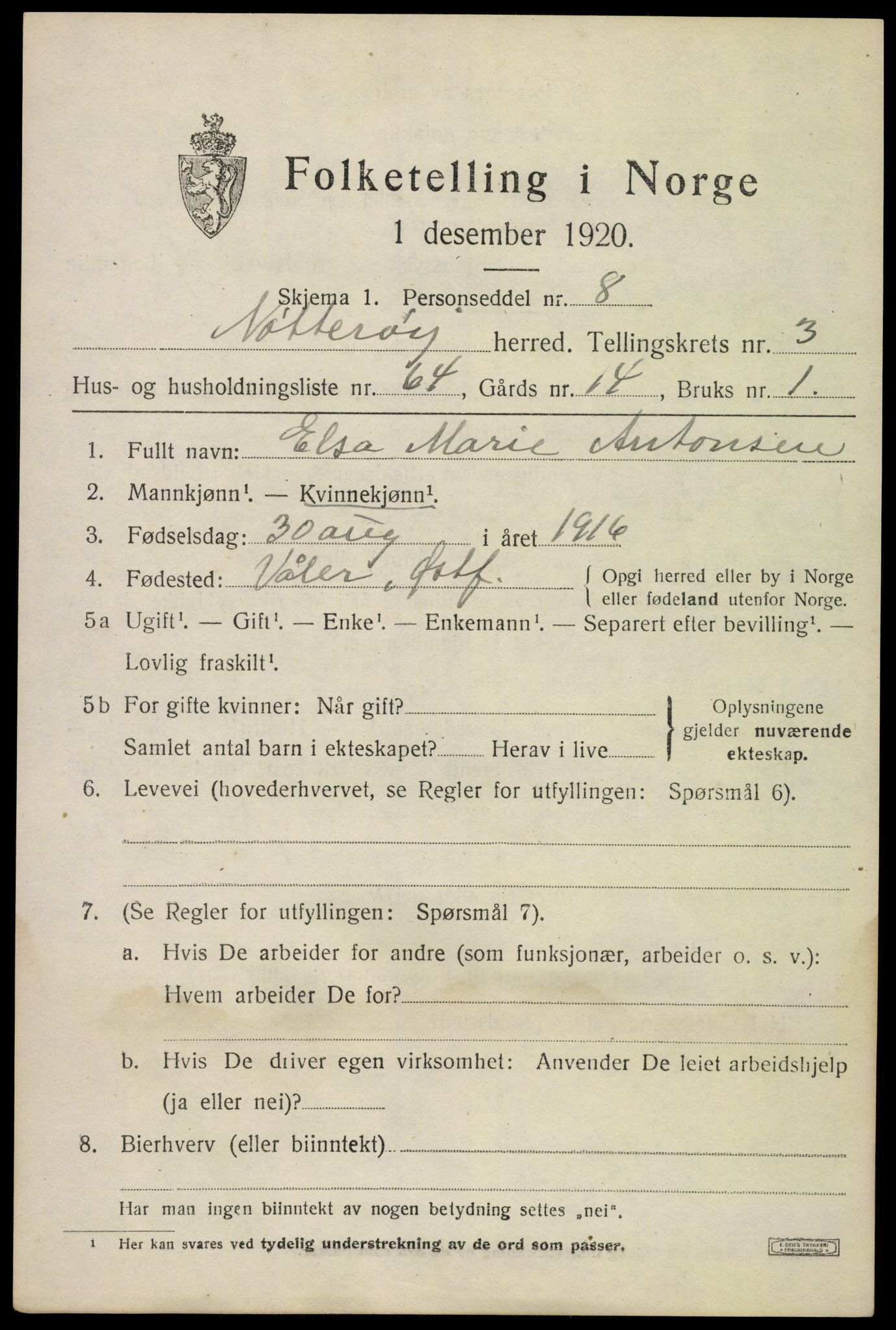 SAKO, 1920 census for Nøtterøy, 1920, p. 6233