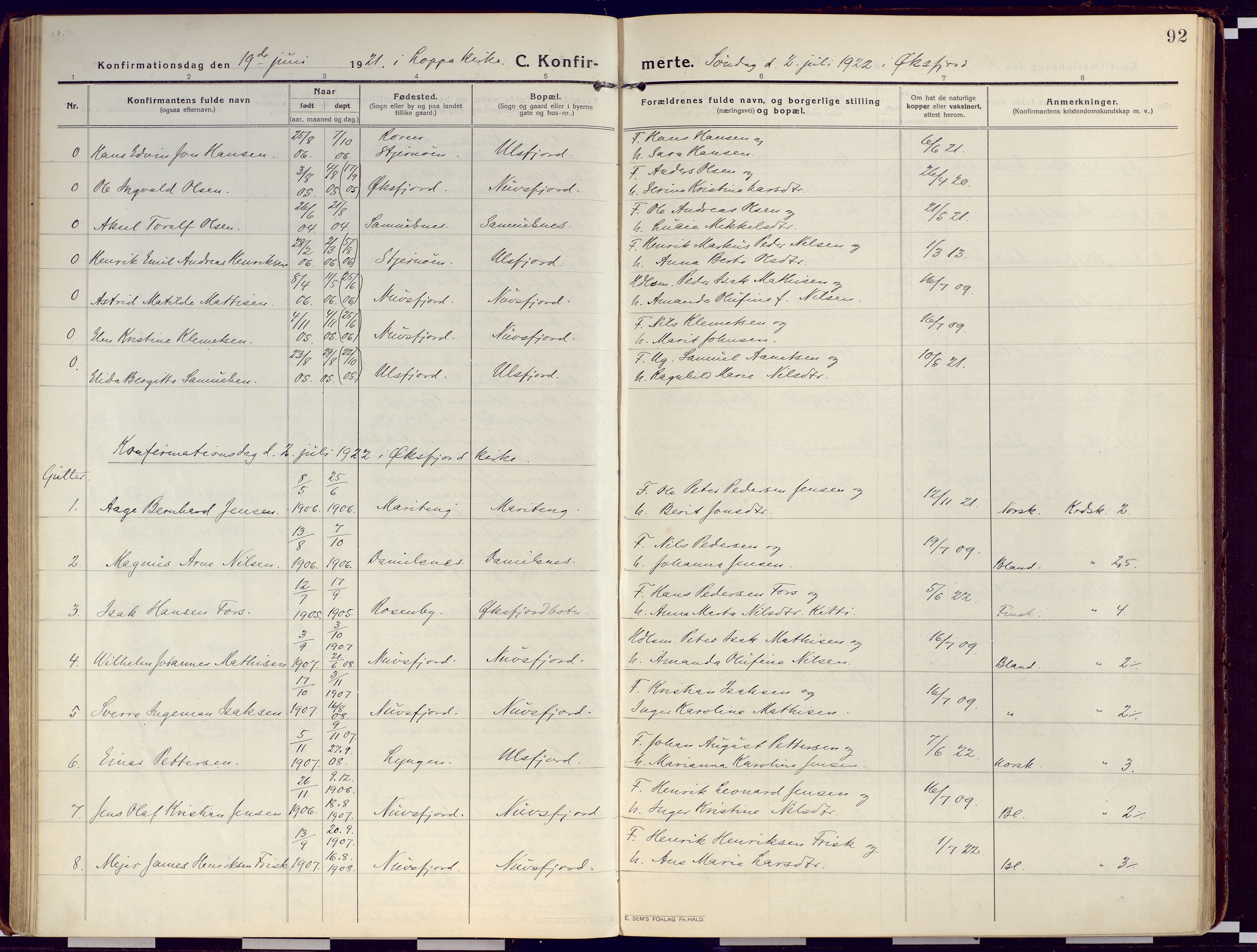 Loppa sokneprestkontor, SATØ/S-1339/H/Ha/L0012kirke: Parish register (official) no. 12, 1917-1932, p. 92