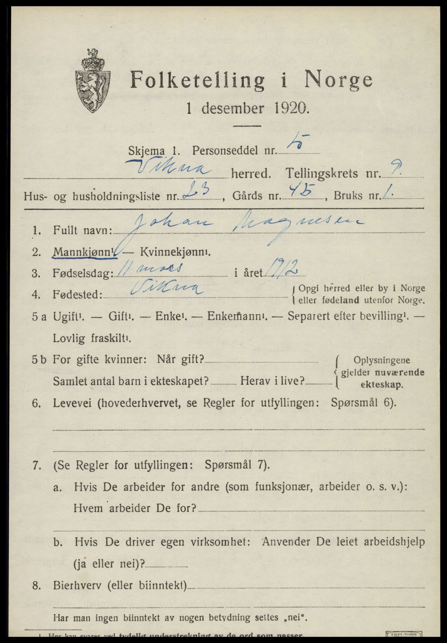 SAT, 1920 census for Vikna, 1920, p. 6673