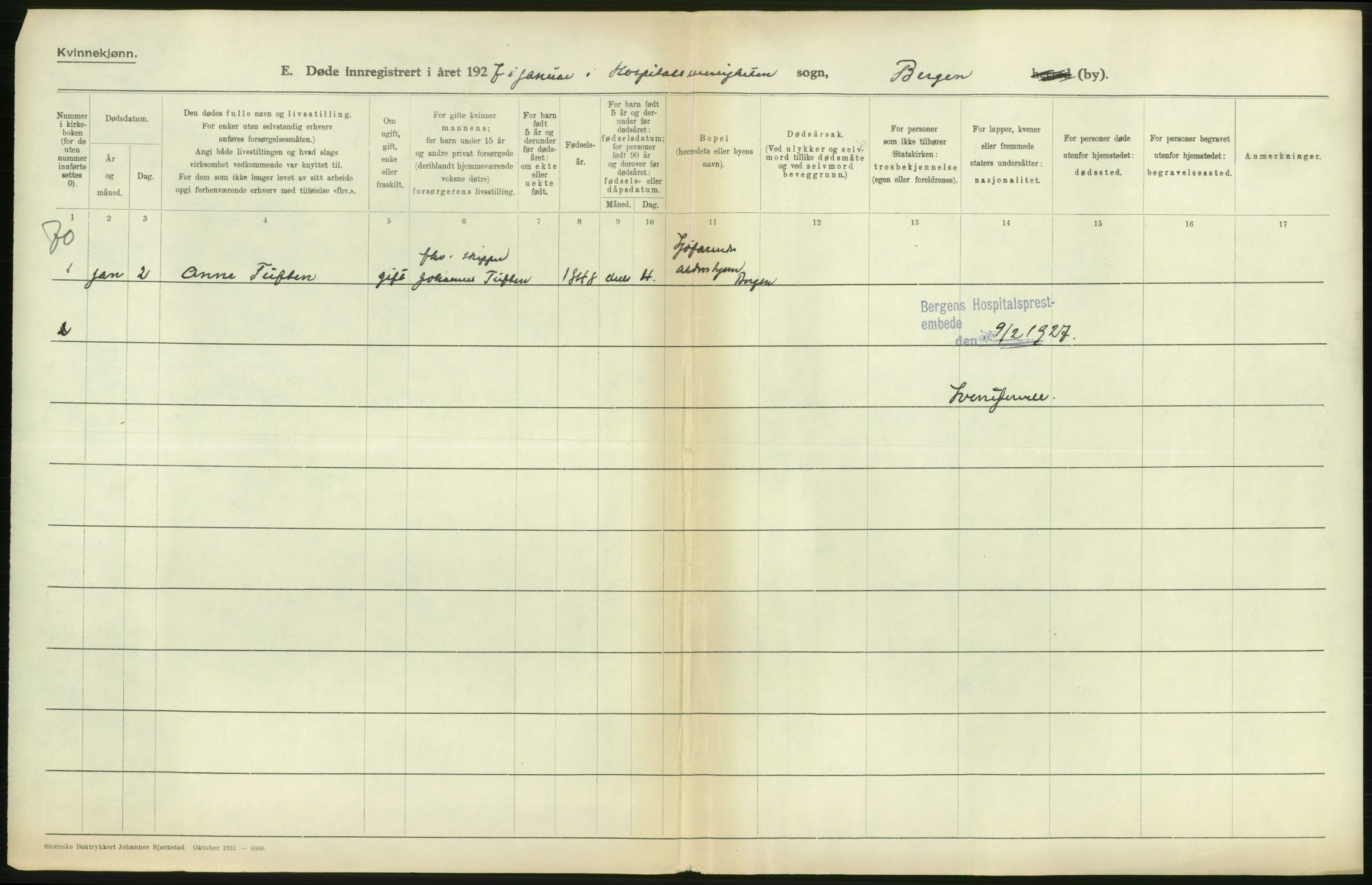 Statistisk sentralbyrå, Sosiodemografiske emner, Befolkning, AV/RA-S-2228/D/Df/Dfc/Dfcg/L0028: Bergen: Gifte, døde., 1927, p. 510