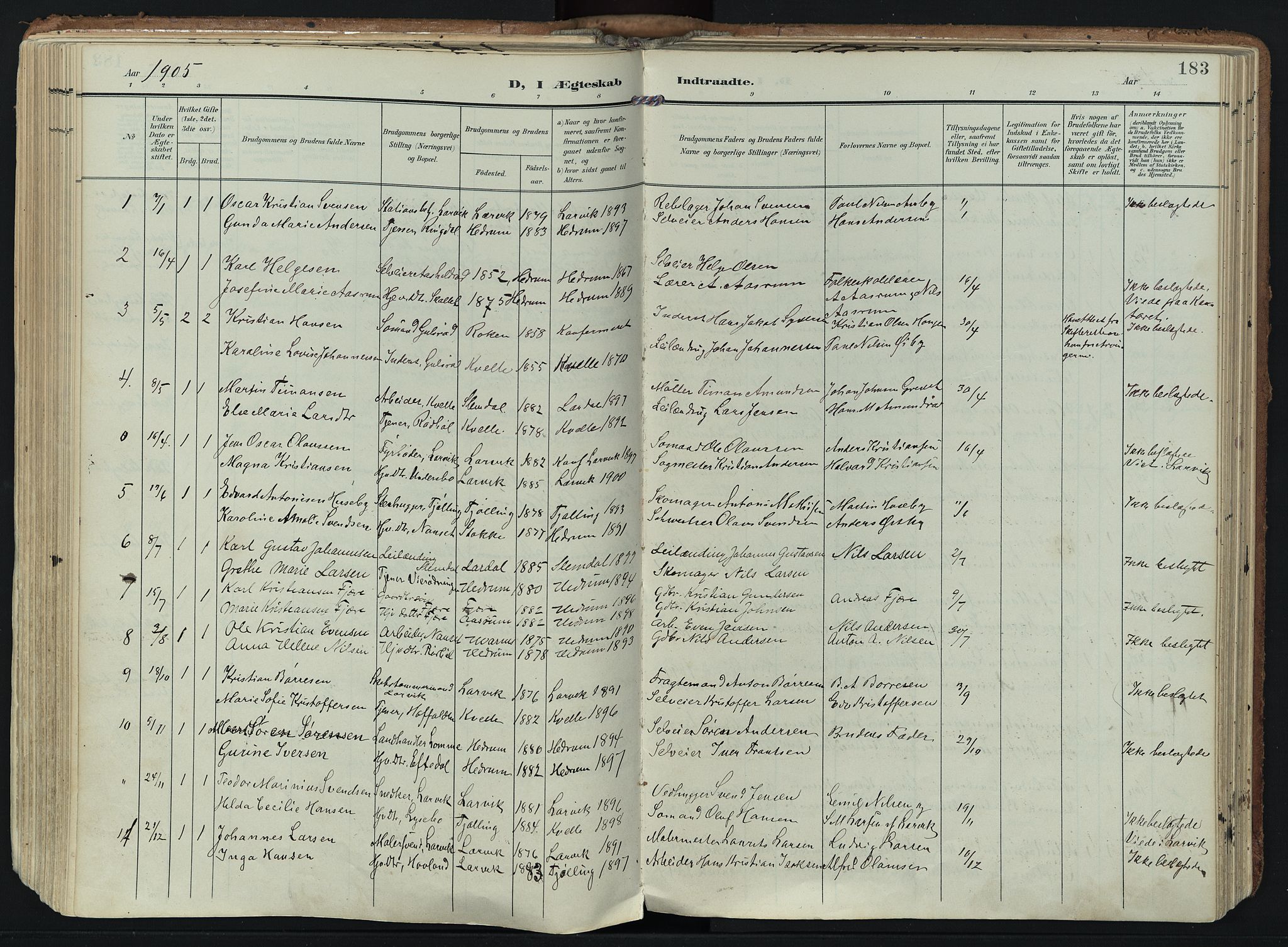 Hedrum kirkebøker, SAKO/A-344/F/Fa/L0010: Parish register (official) no. I 10, 1904-1918, p. 183