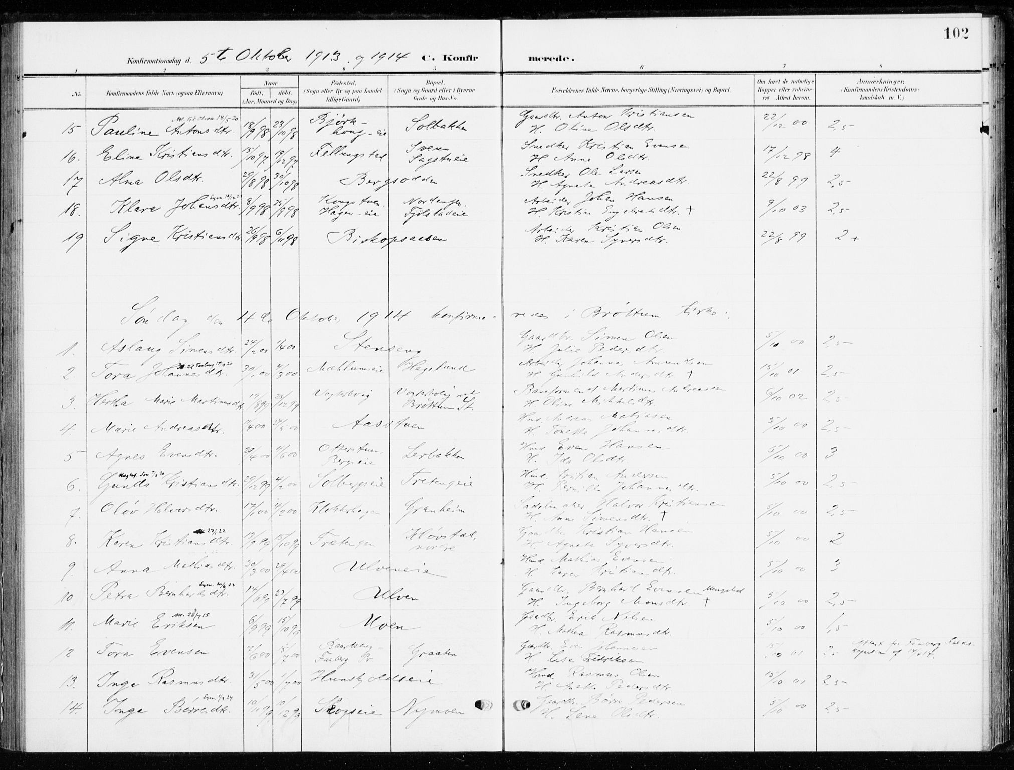Ringsaker prestekontor, SAH/PREST-014/K/Ka/L0021: Parish register (official) no. 21, 1905-1920, p. 102