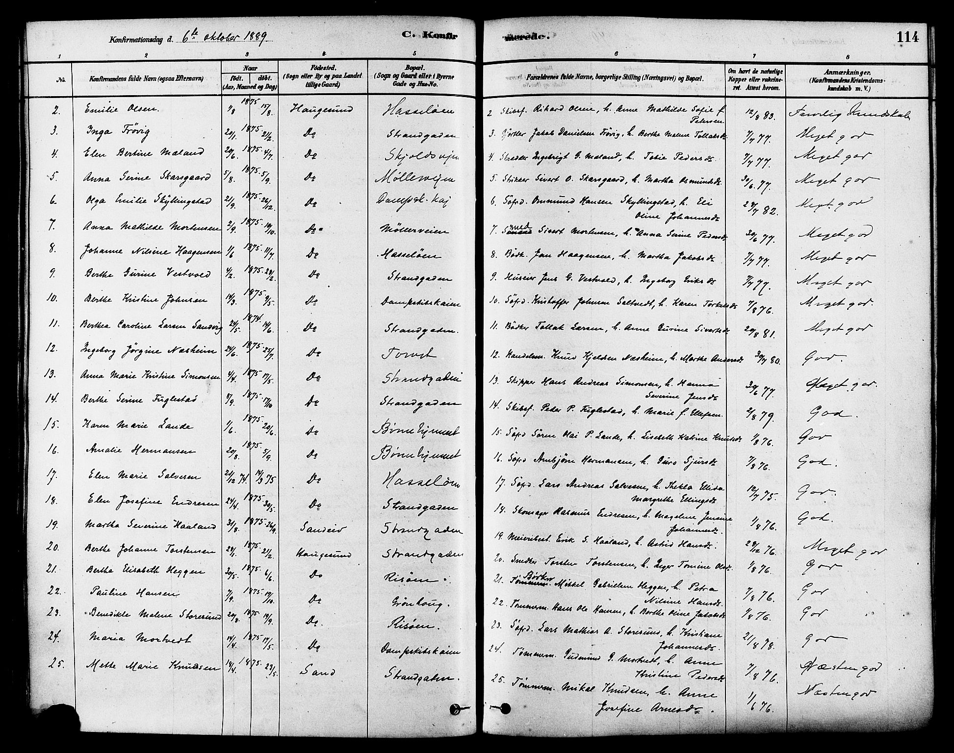 Haugesund sokneprestkontor, SAST/A -101863/H/Ha/Haa/L0003: Parish register (official) no. A 3, 1885-1890, p. 114