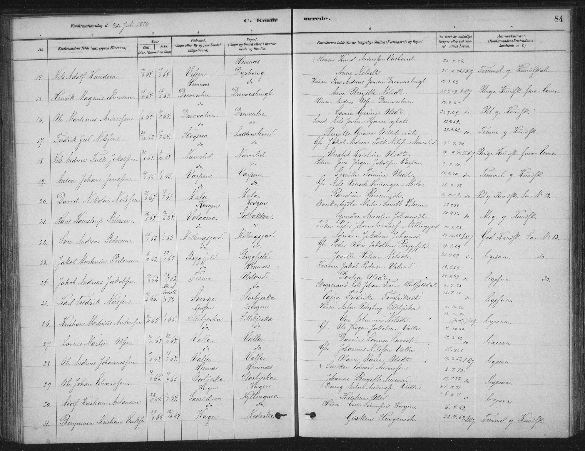 Ministerialprotokoller, klokkerbøker og fødselsregistre - Nordland, AV/SAT-A-1459/825/L0361: Parish register (official) no. 825A15, 1878-1893, p. 84