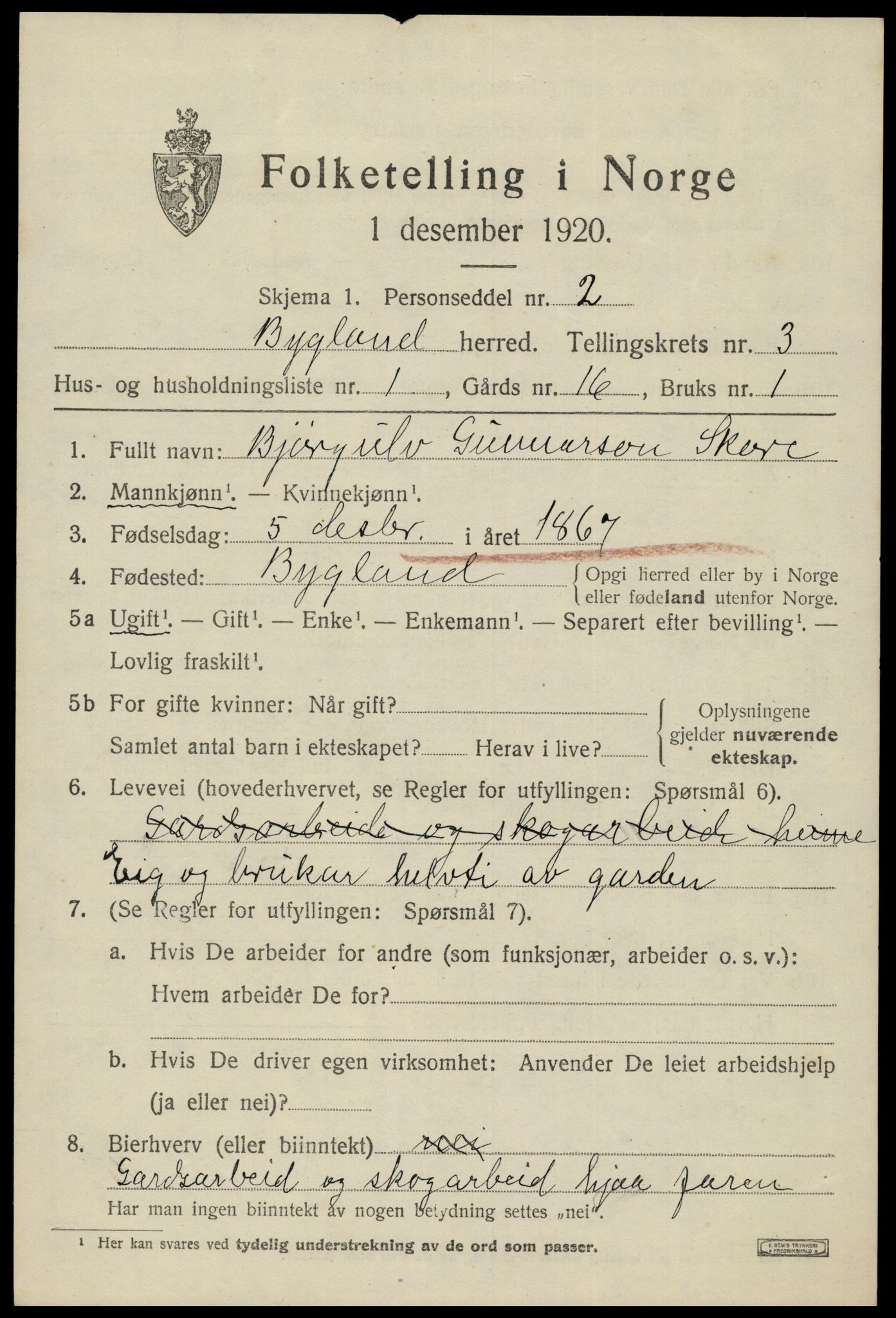 SAK, 1920 census for Bygland, 1920, p. 1463