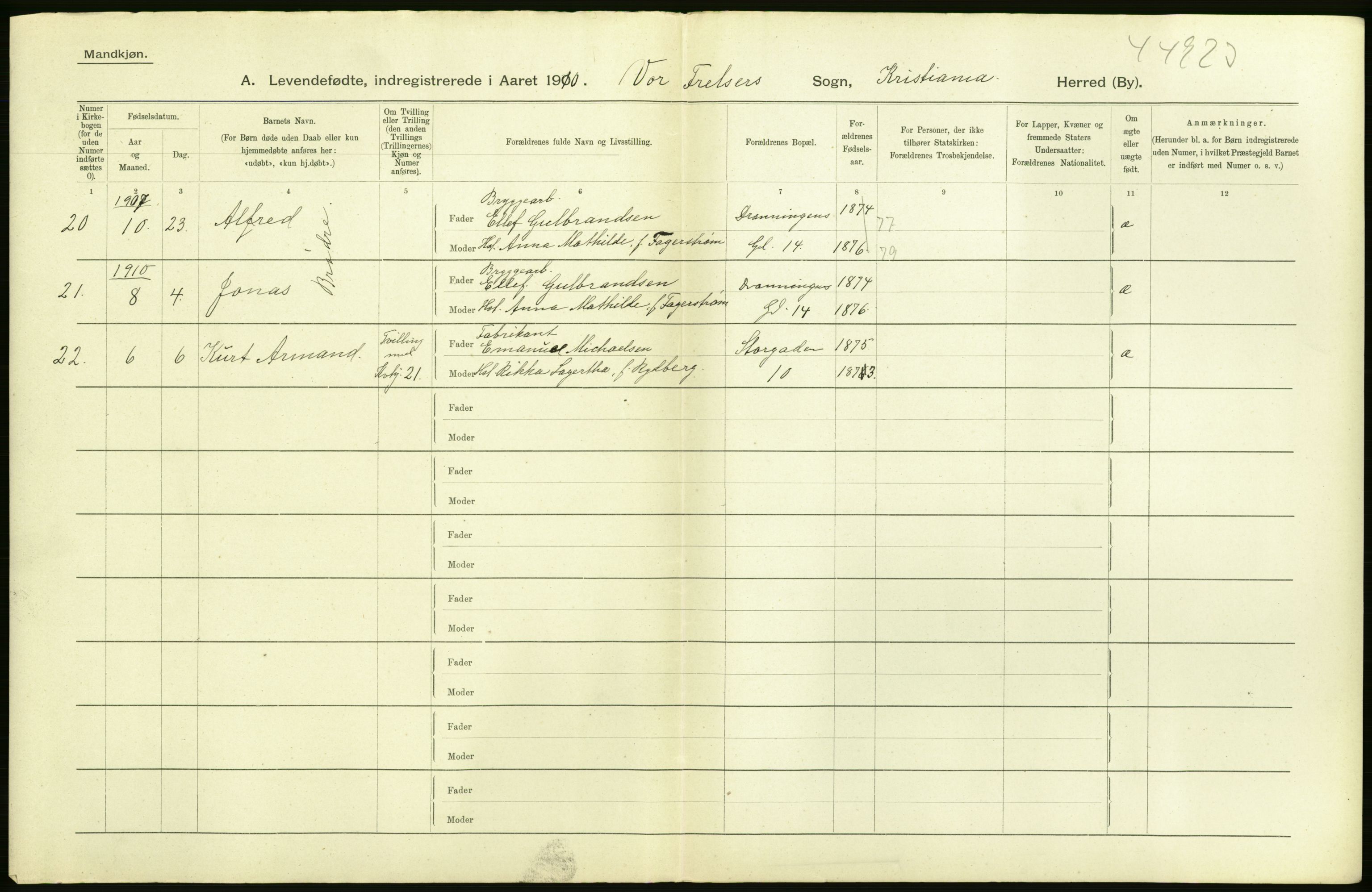 Statistisk sentralbyrå, Sosiodemografiske emner, Befolkning, AV/RA-S-2228/D/Df/Dfa/Dfah/L0006: Kristiania: Levendefødte menn., 1910, p. 202