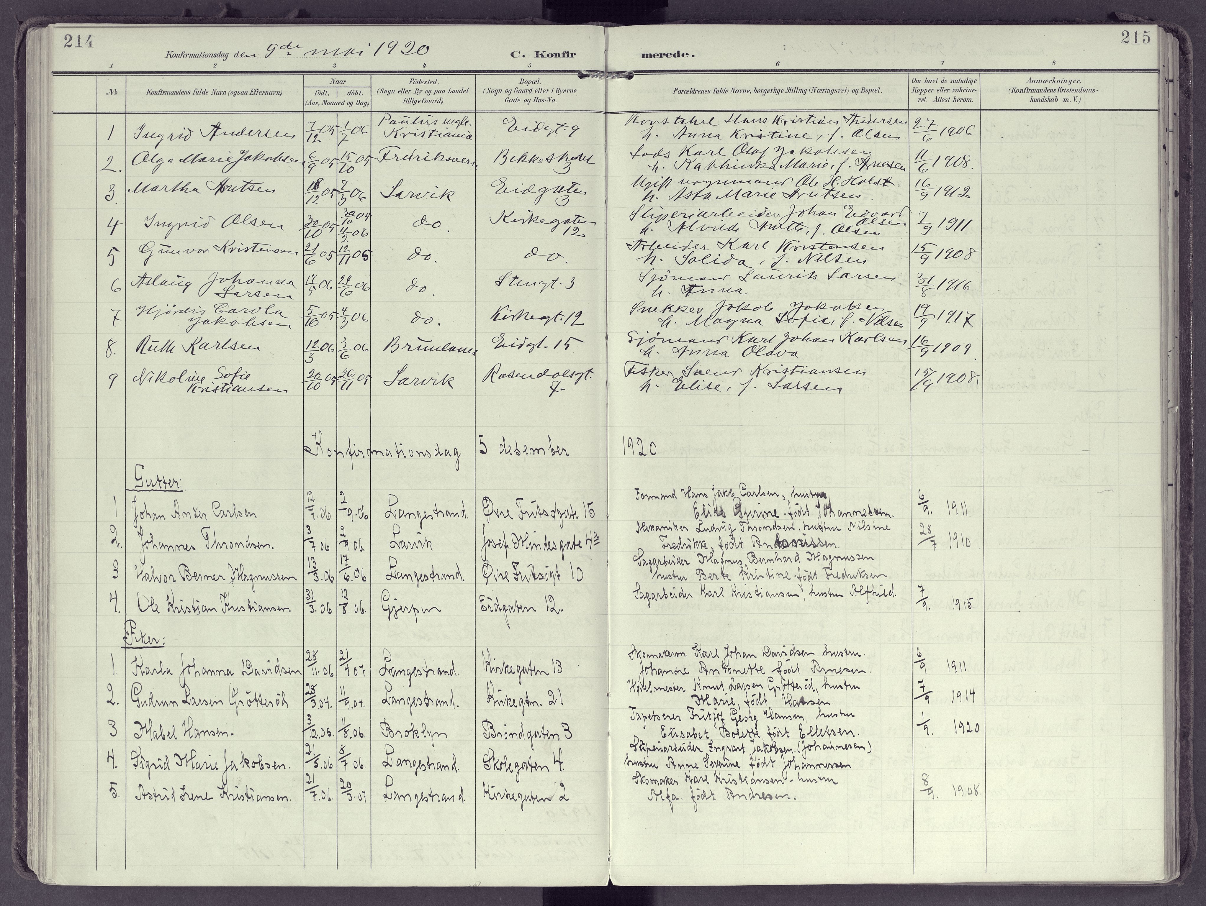 Larvik kirkebøker, AV/SAKO-A-352/F/Fb/L0005: Parish register (official) no. II 5, 1903-1925, p. 214-215