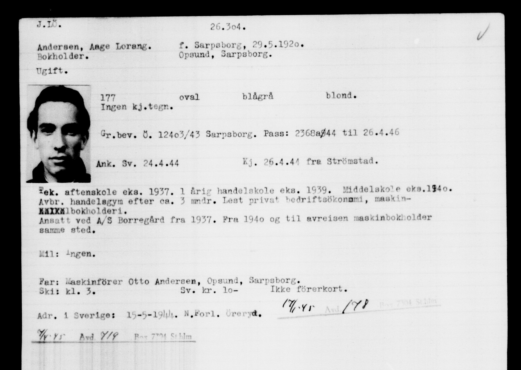 Utenriksstasjonene, Legasjonen i Stockholm, Flyktningkontoret, AV/RA-S-6753/V/Va/L0011: Kjesäterkartoteket, flyktninger med registreringsnr. 25300-28349, 1940-1945, p. 1060