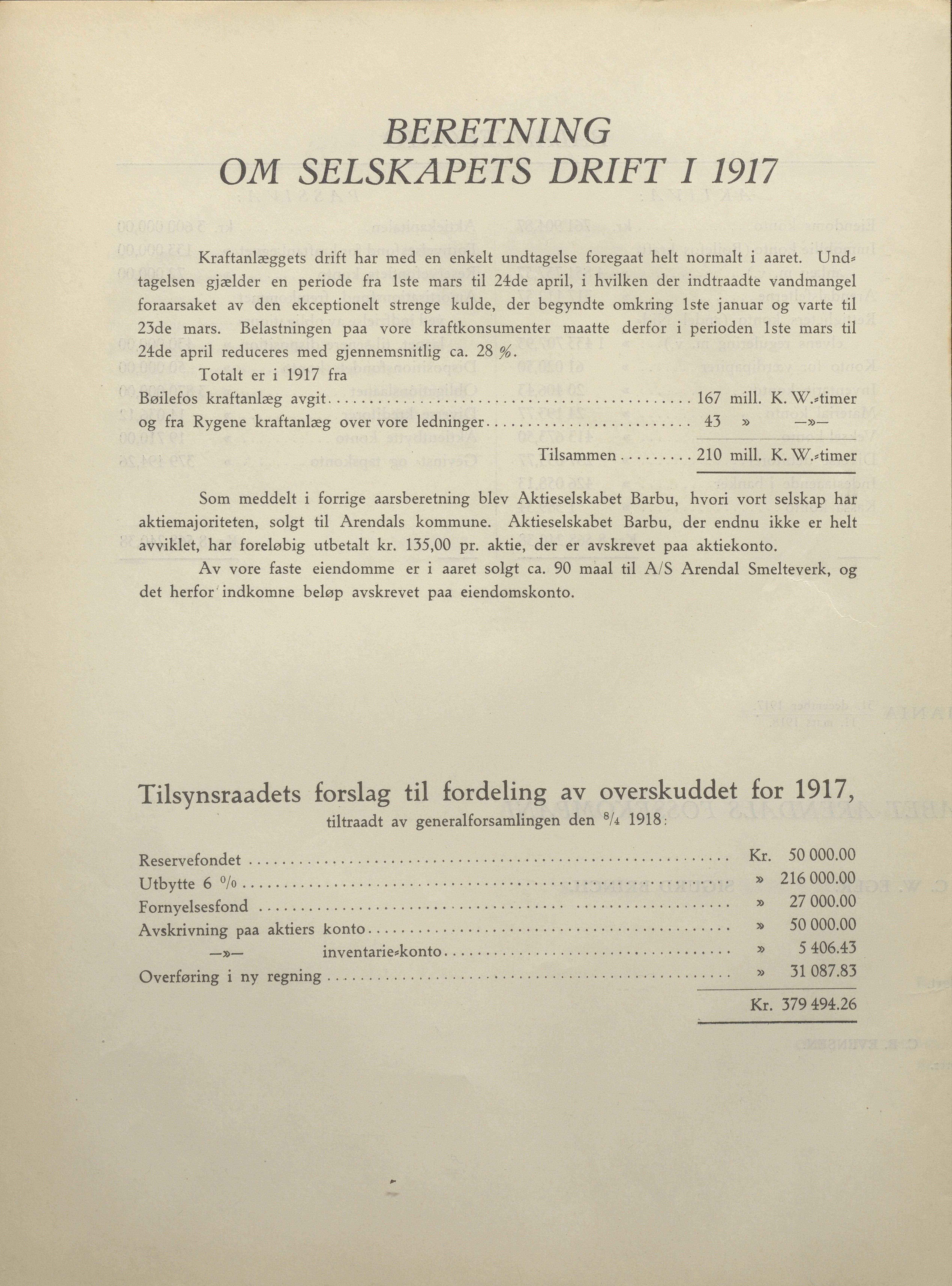 Arendals Fossekompani, AAKS/PA-2413/X/X01/L0001/0007: Beretninger, regnskap, balansekonto, gevinst- og tapskonto / Gevinst- og tapskonto og balansekonto samt beretning om selskapets drift 1917 - 1918, 1917-1918, p. 3