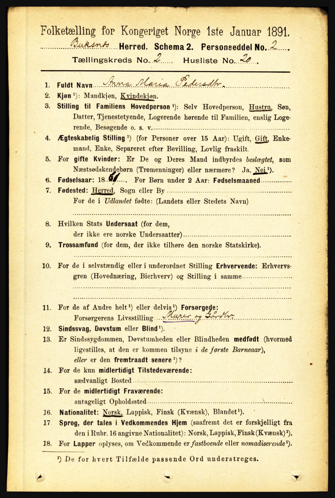 RA, 1891 census for 1860 Buksnes, 1891, p. 1736