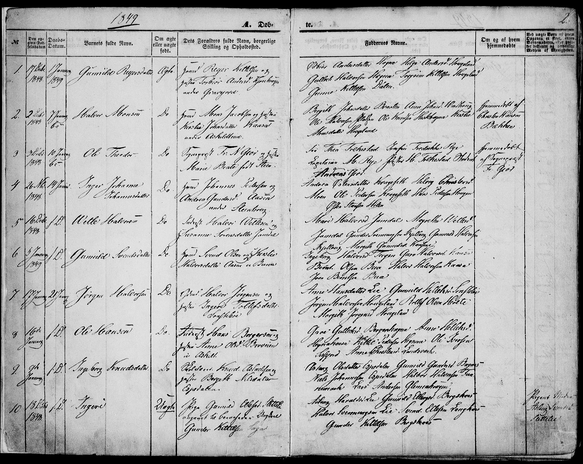 Bø kirkebøker, AV/SAKO-A-257/F/Fa/L0008: Parish register (official) no. 8, 1849-1861, p. 2