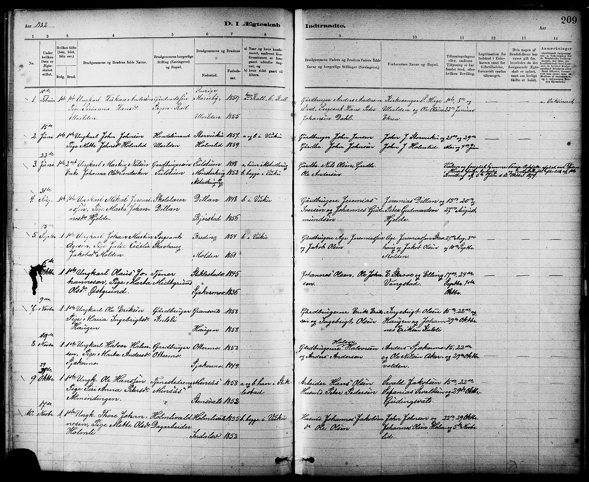 Ministerialprotokoller, klokkerbøker og fødselsregistre - Nord-Trøndelag, SAT/A-1458/724/L0267: Parish register (copy) no. 724C03, 1879-1898, p. 209