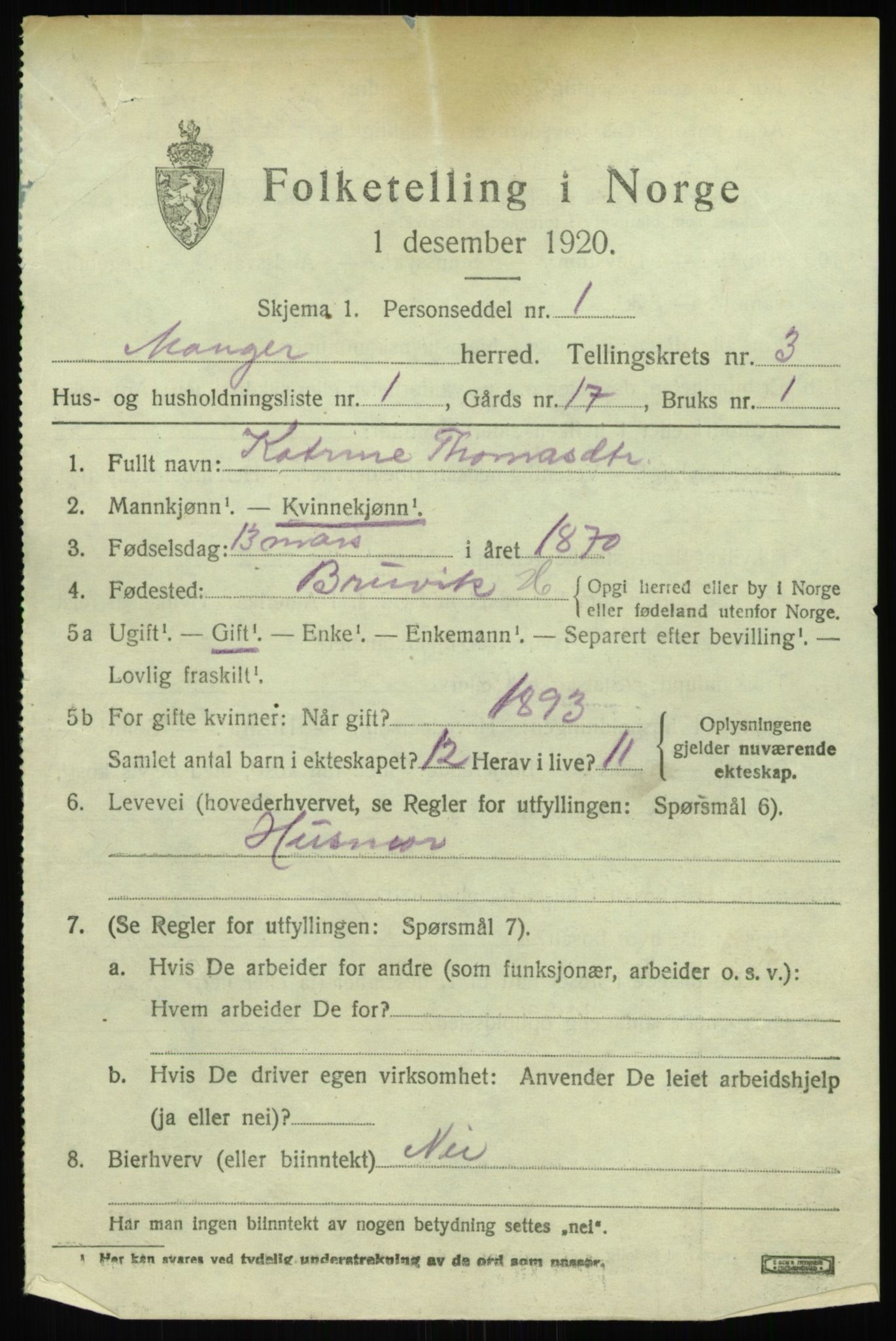 SAB, 1920 census for Manger, 1920, p. 2215