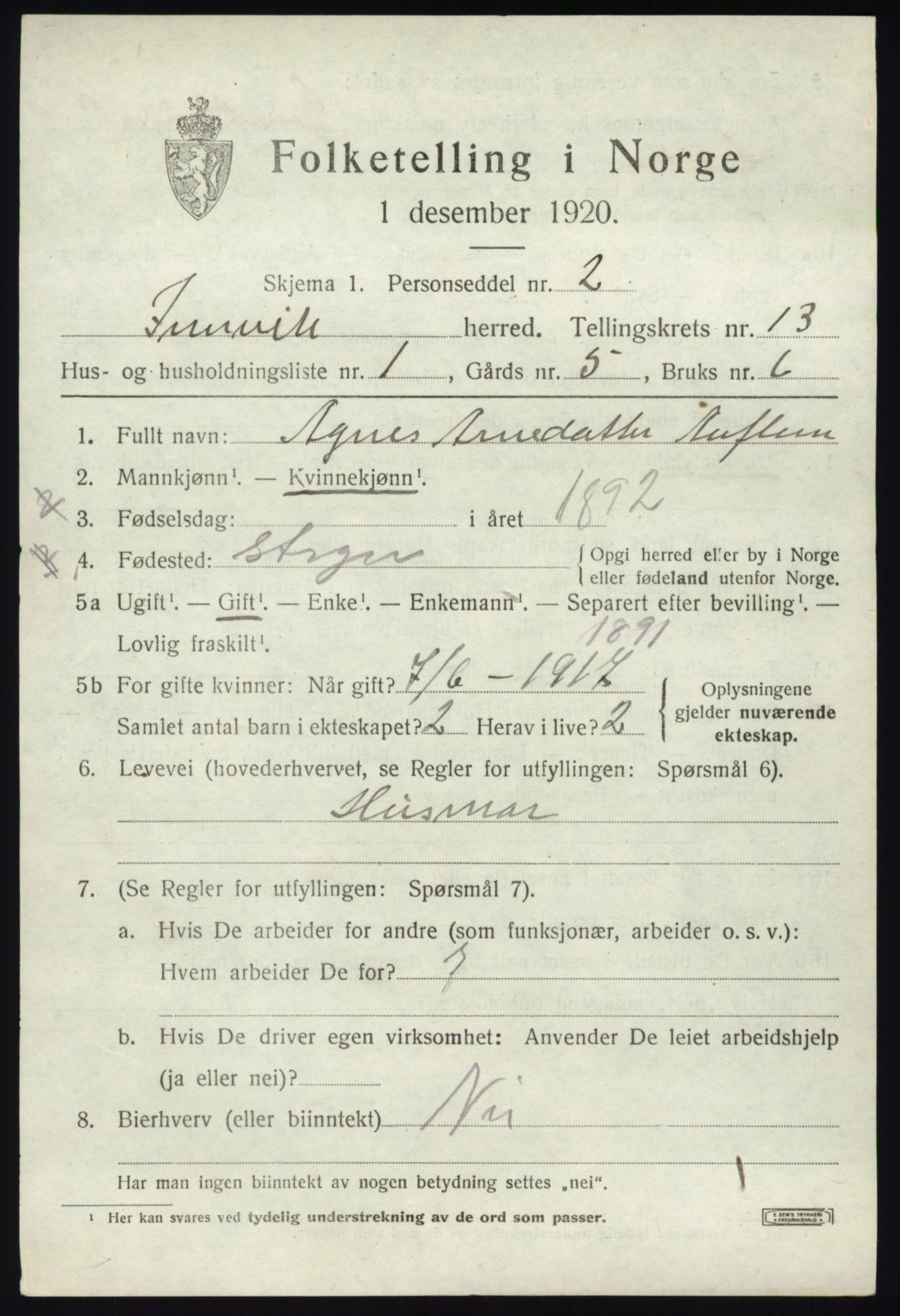 SAB, 1920 census for Innvik, 1920, p. 5129