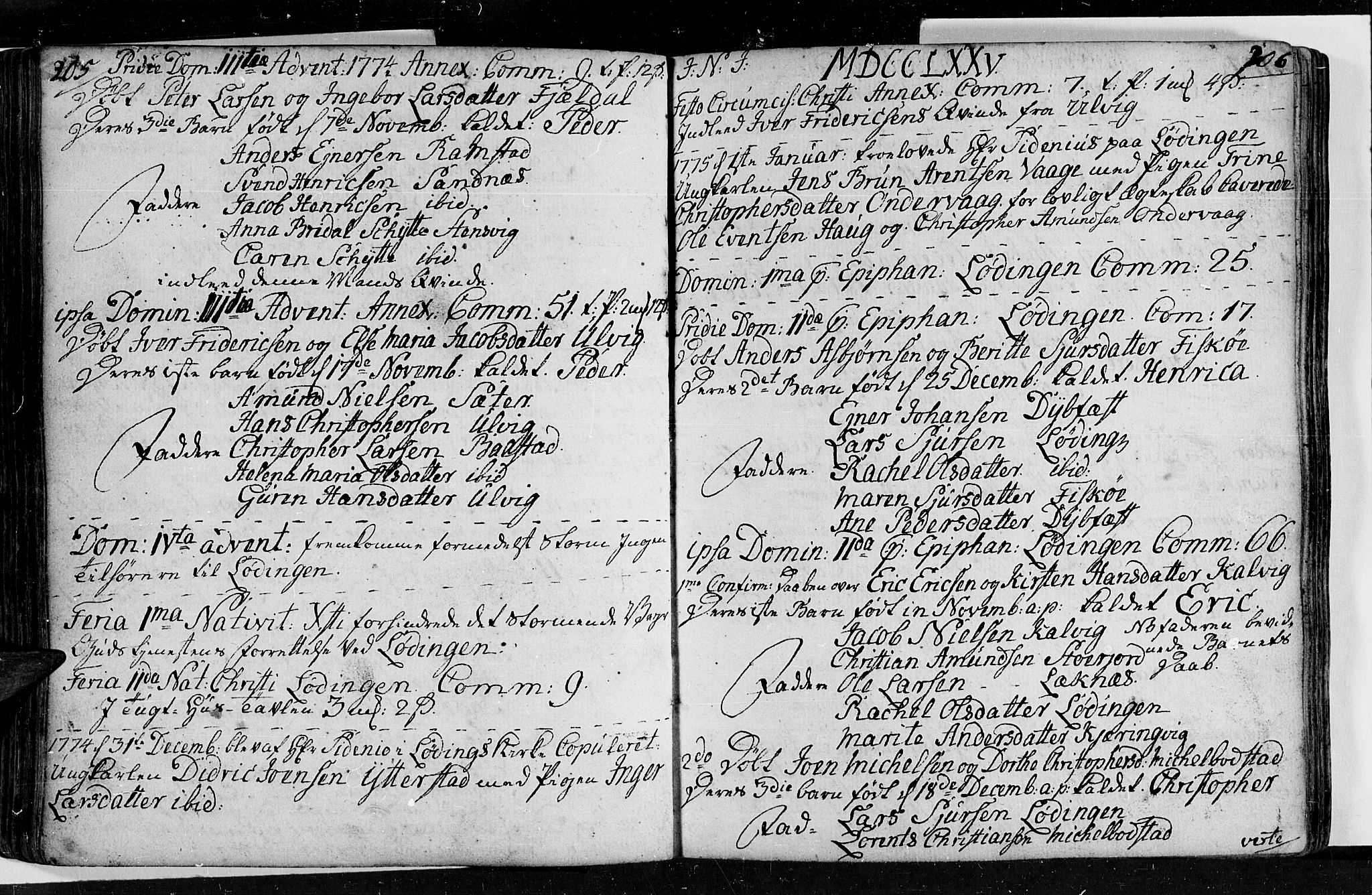 Ministerialprotokoller, klokkerbøker og fødselsregistre - Nordland, SAT/A-1459/872/L1029: Parish register (official) no. 872A04, 1765-1787, p. 205-206