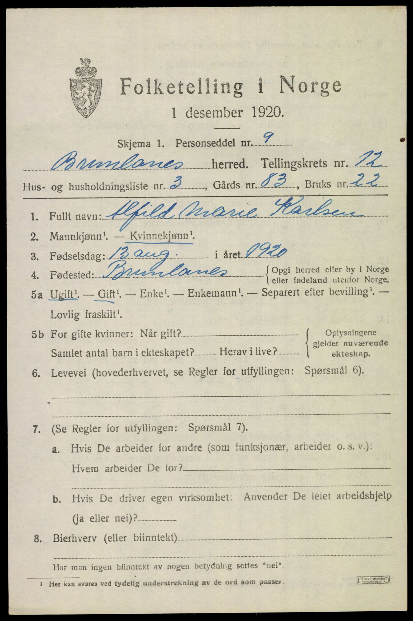 SAKO, 1920 census for Brunlanes, 1920, p. 10535