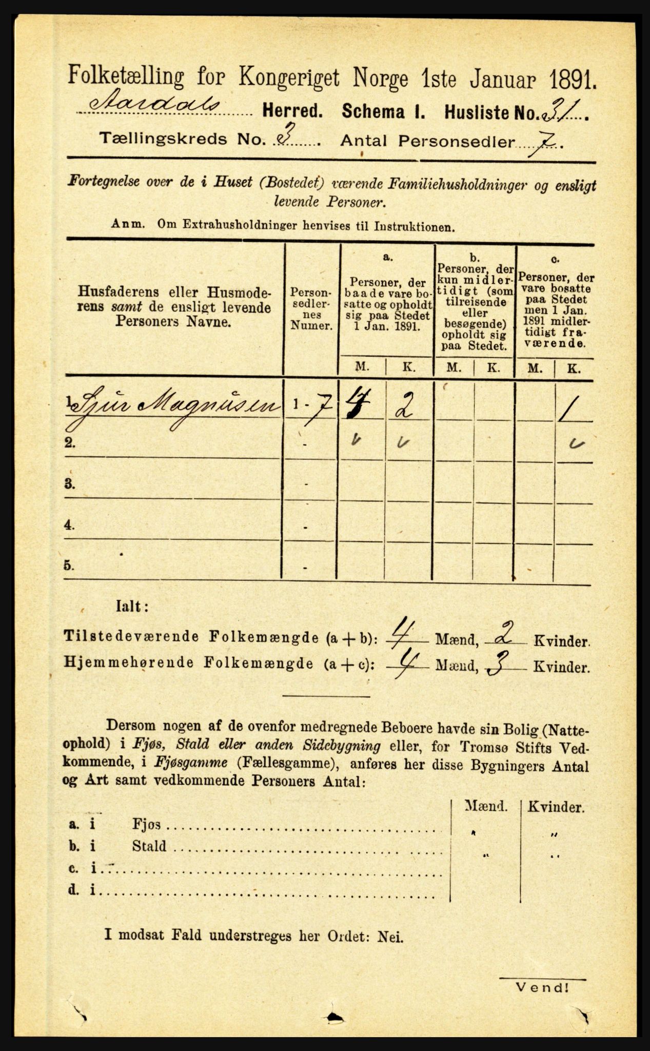 RA, 1891 census for 1424 Årdal, 1891, p. 395