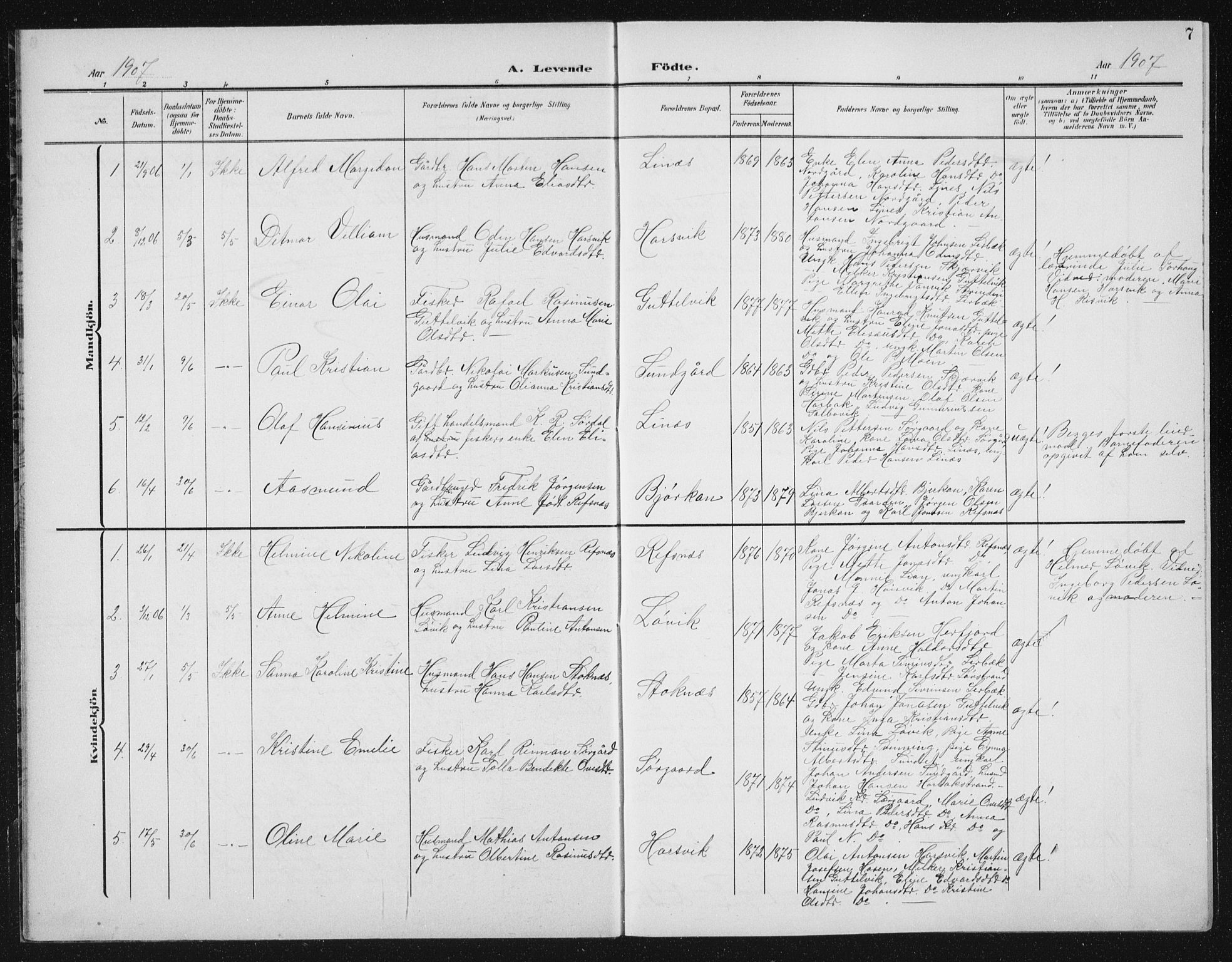 Ministerialprotokoller, klokkerbøker og fødselsregistre - Sør-Trøndelag, SAT/A-1456/656/L0699: Parish register (copy) no. 656C05, 1905-1920, p. 7