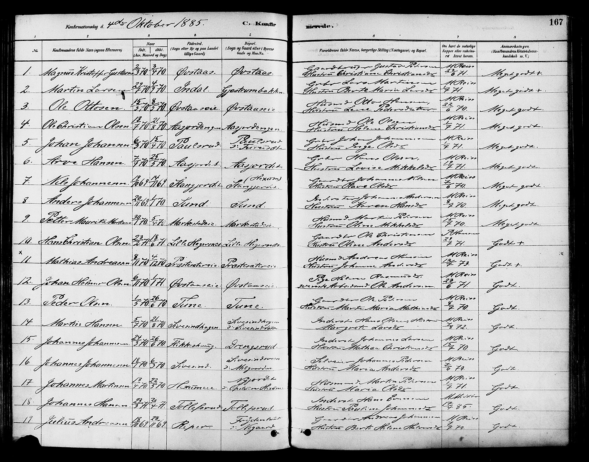 Vestre Toten prestekontor, SAH/PREST-108/H/Ha/Haa/L0009: Parish register (official) no. 9, 1878-1894, p. 167
