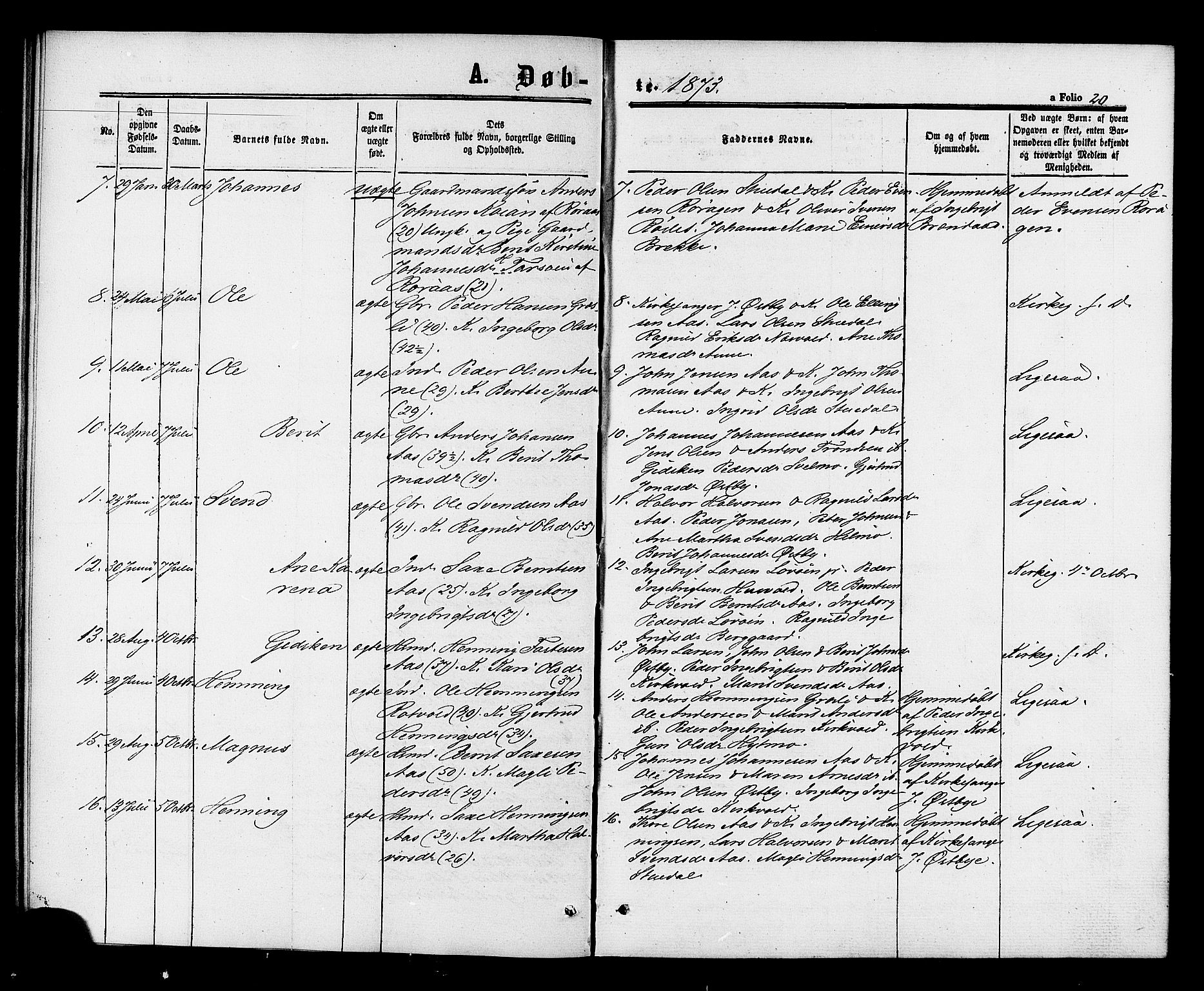 Ministerialprotokoller, klokkerbøker og fødselsregistre - Sør-Trøndelag, SAT/A-1456/698/L1163: Parish register (official) no. 698A01, 1862-1887, p. 20