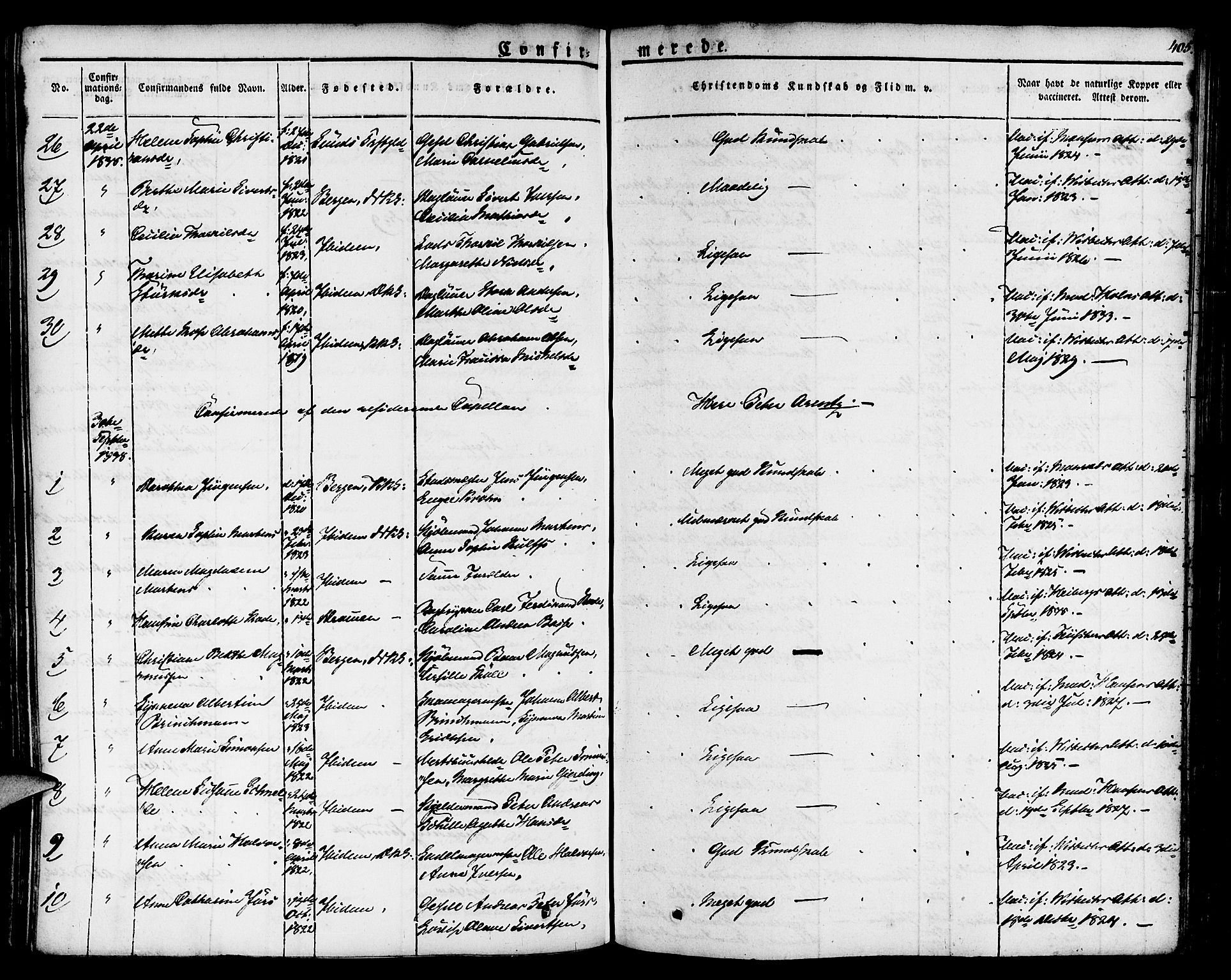 Nykirken Sokneprestembete, AV/SAB-A-77101/H/Haa/L0012: Parish register (official) no. A 12, 1821-1844, p. 405