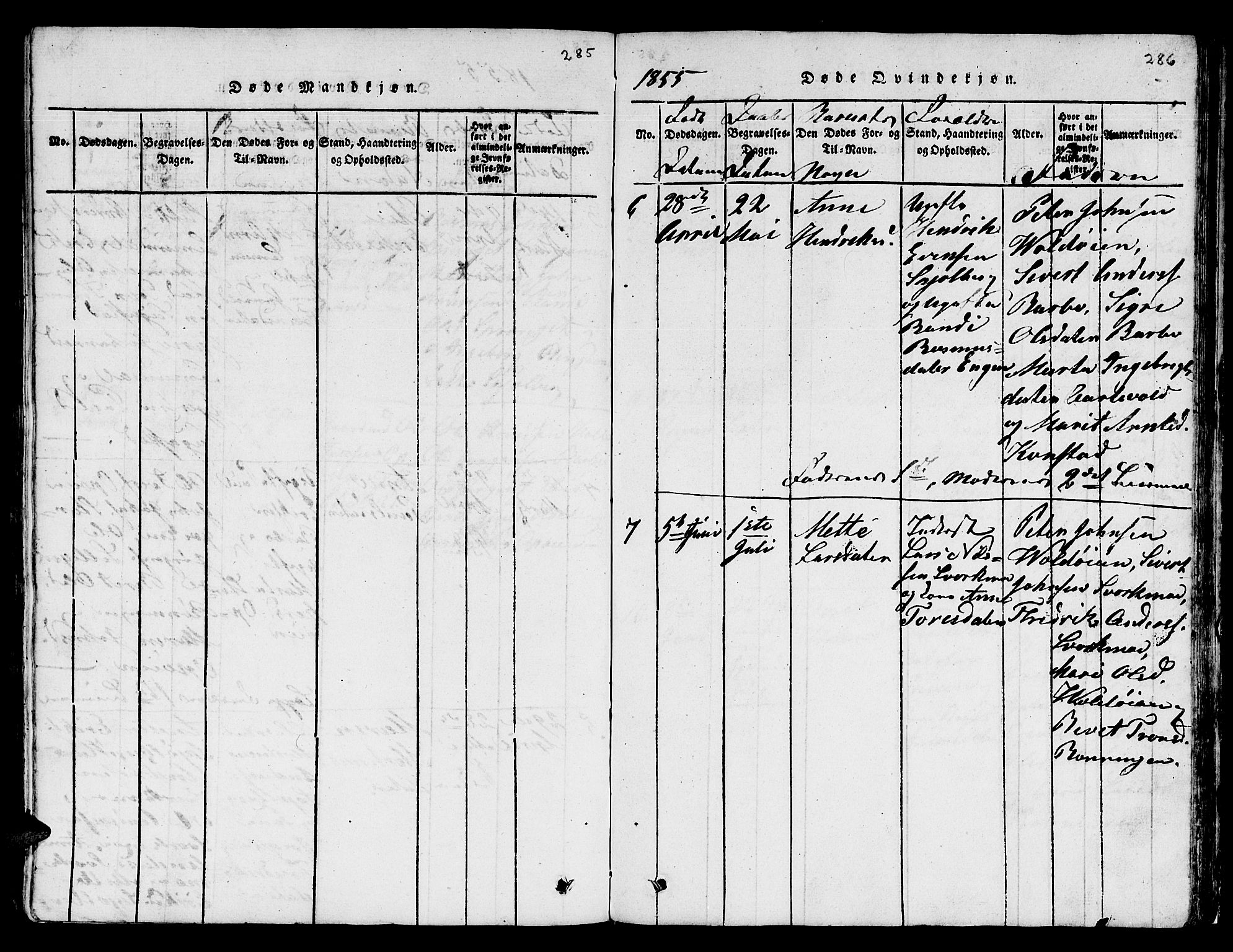 Ministerialprotokoller, klokkerbøker og fødselsregistre - Sør-Trøndelag, AV/SAT-A-1456/671/L0842: Parish register (copy) no. 671C01, 1816-1867, p. 285-286