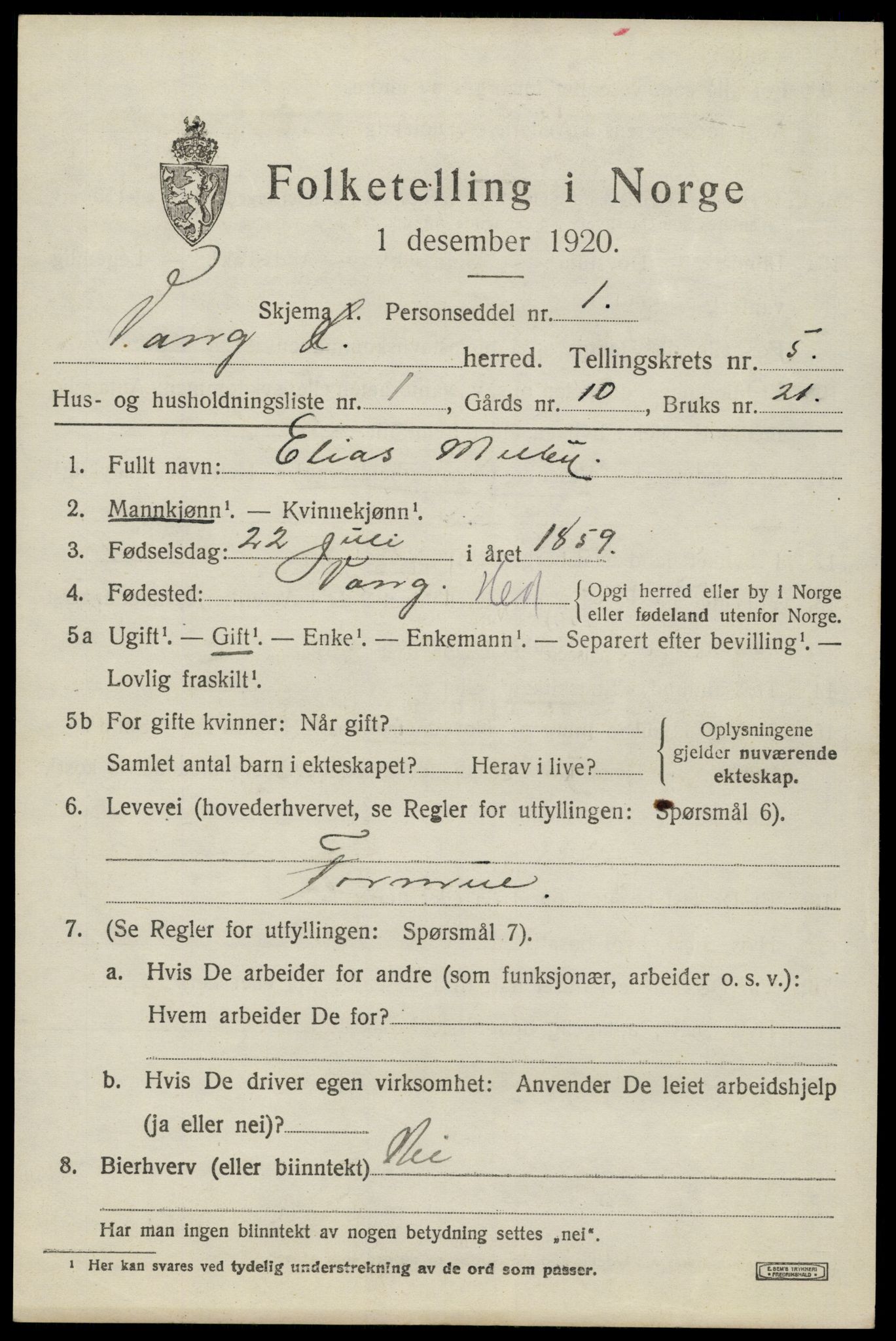 SAH, 1920 census for Vang (Hedmark), 1920, p. 13847