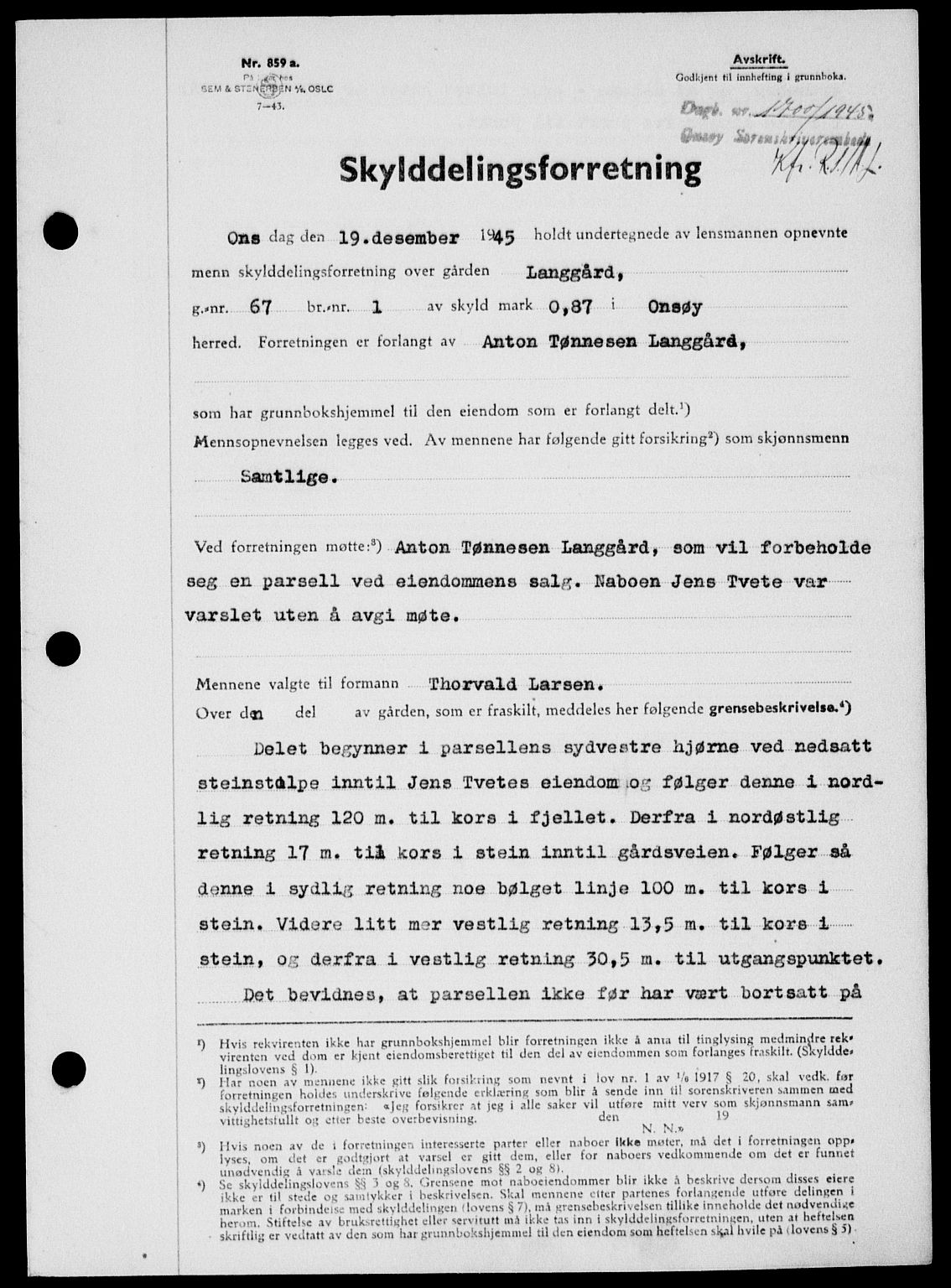 Onsøy sorenskriveri, SAO/A-10474/G/Ga/Gab/L0015: Mortgage book no. II A-15, 1945-1946, Diary no: : 1700/1945