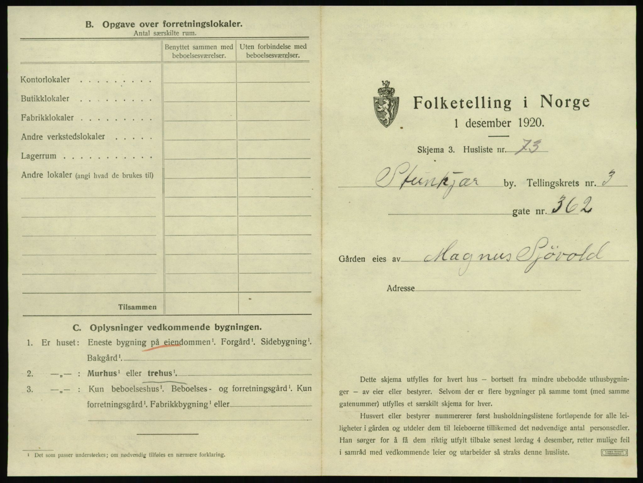 SAT, 1920 census for Steinkjer, 1920, p. 560