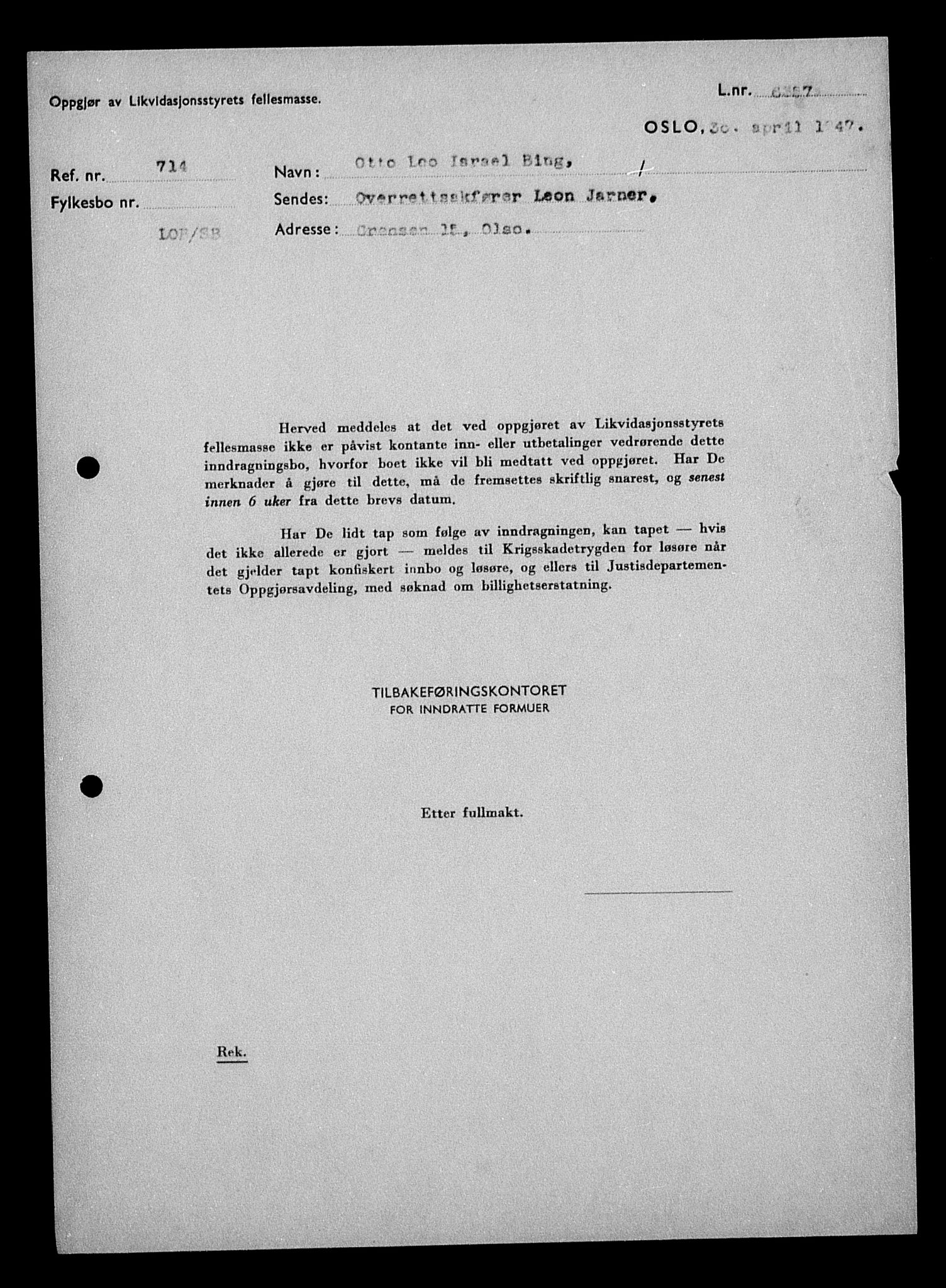 Justisdepartementet, Tilbakeføringskontoret for inndratte formuer, AV/RA-S-1564/H/Hc/Hcc/L0924: --, 1945-1947, p. 420