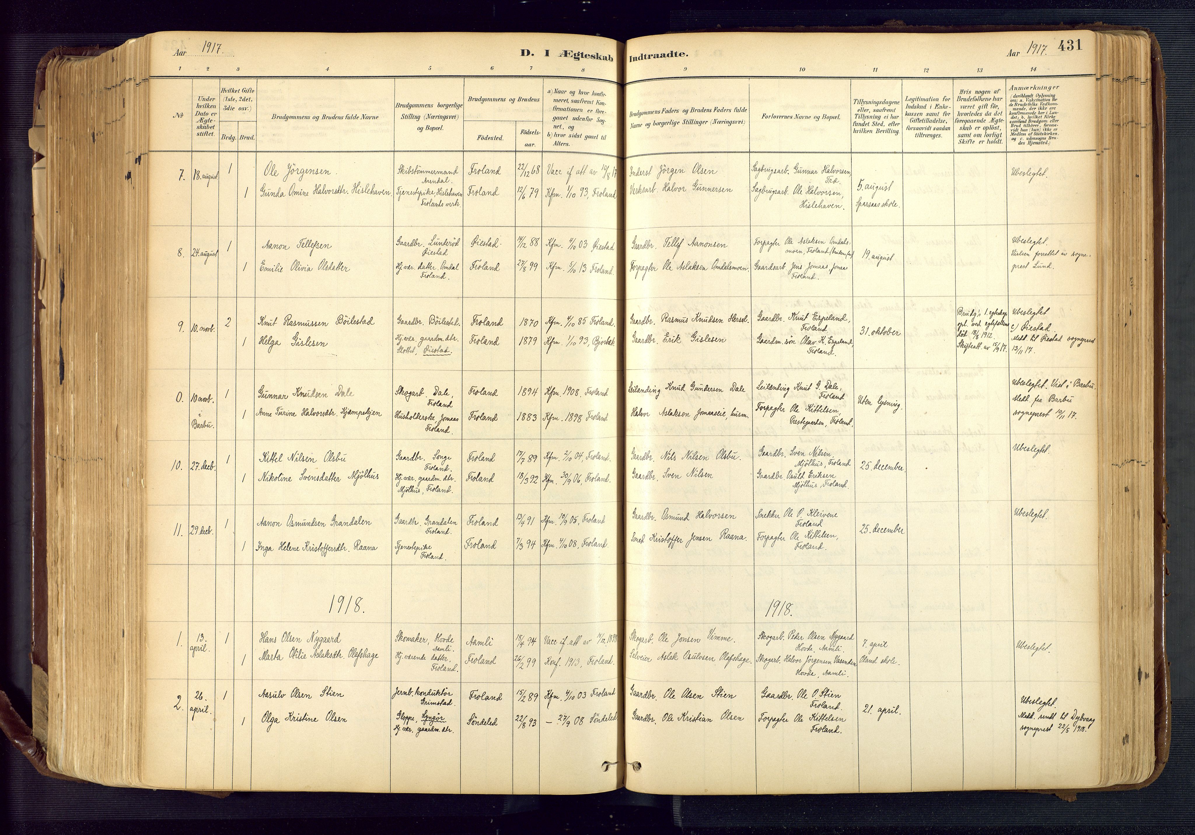 Froland sokneprestkontor, SAK/1111-0013/F/Fa/L0005: Parish register (official) no. A 5, 1882-1921, p. 431