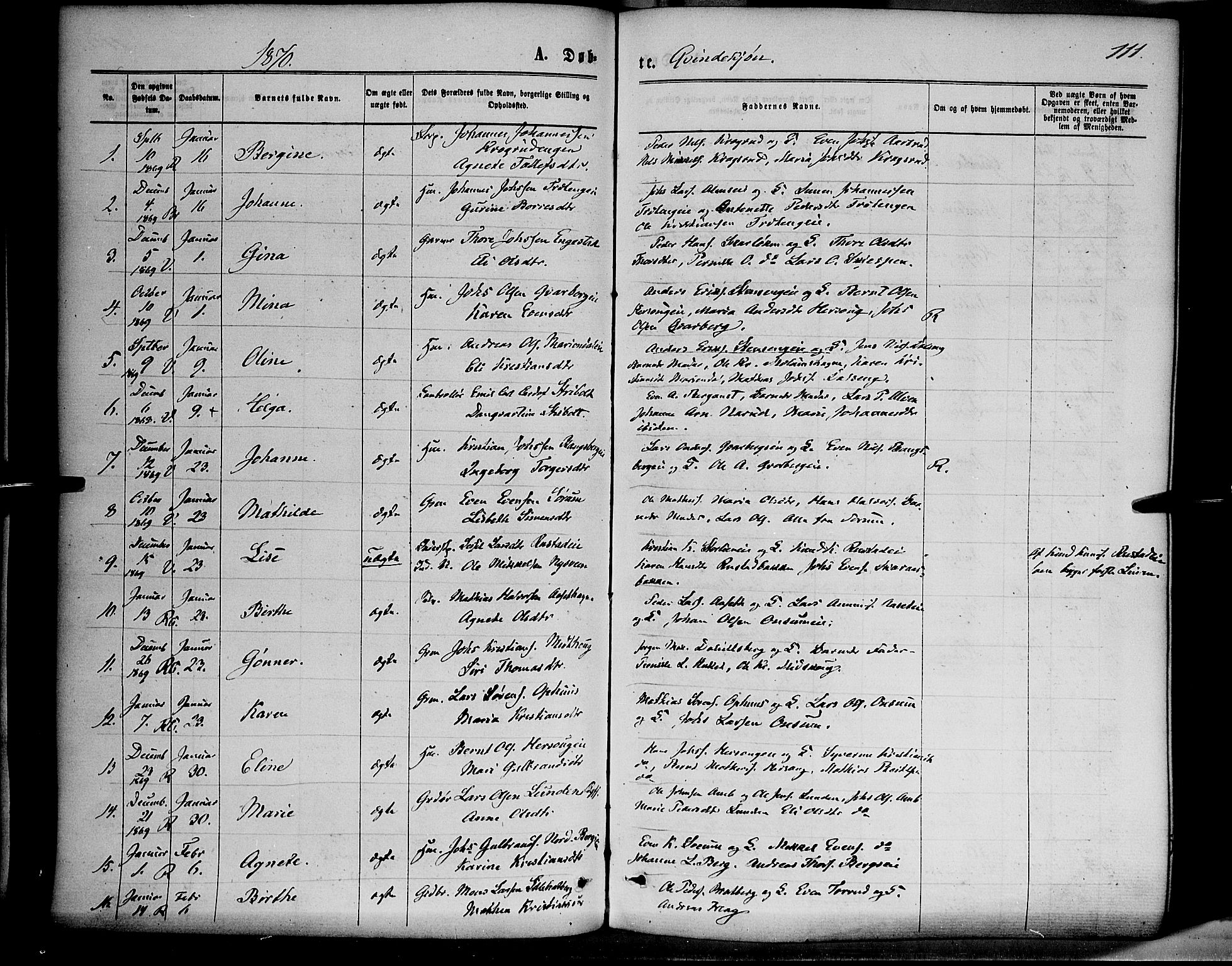 Ringsaker prestekontor, AV/SAH-PREST-014/K/Ka/L0011: Parish register (official) no. 11, 1870-1878, p. 111