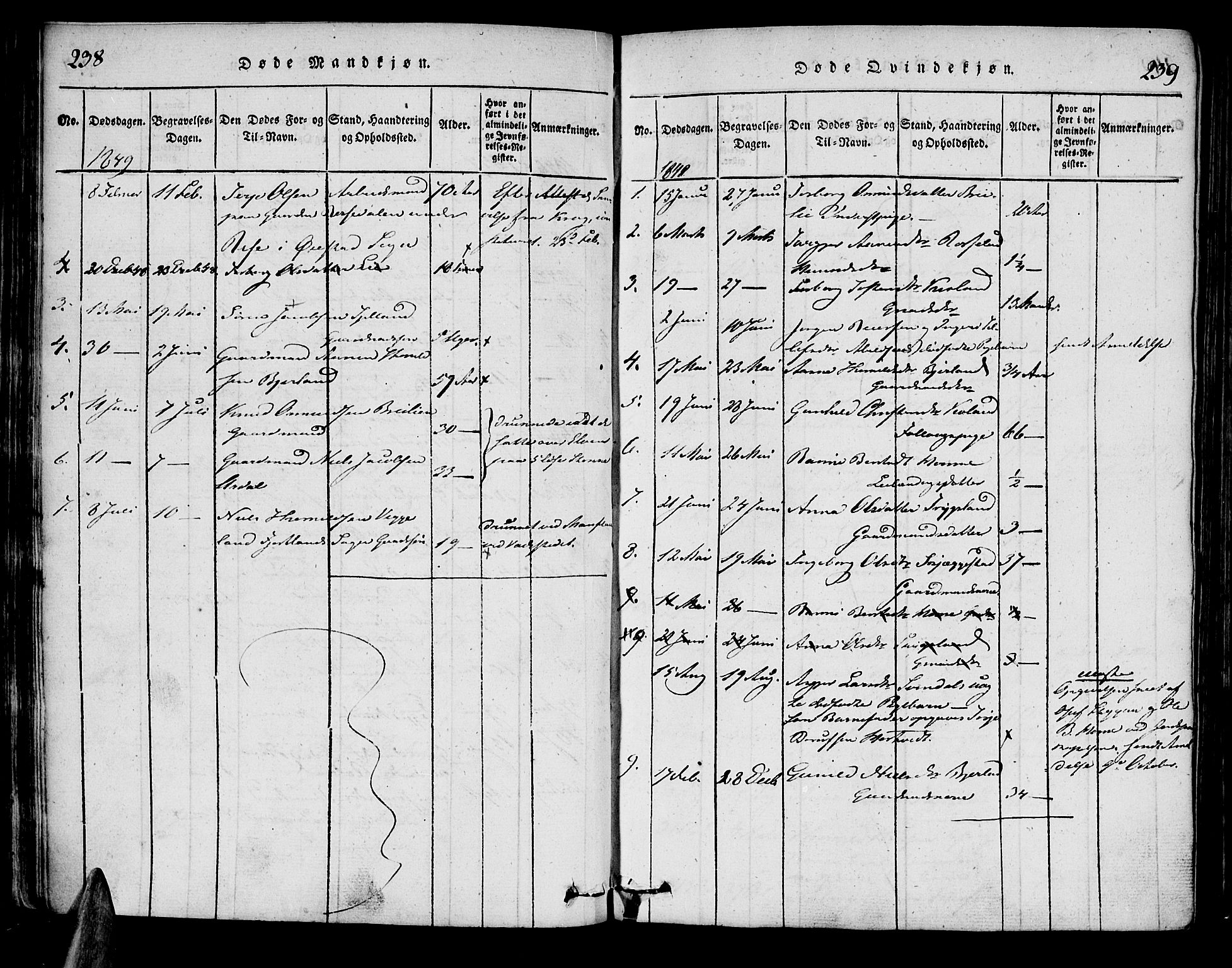 Bjelland sokneprestkontor, SAK/1111-0005/F/Fa/Faa/L0002: Parish register (official) no. A 2, 1816-1866, p. 238-239