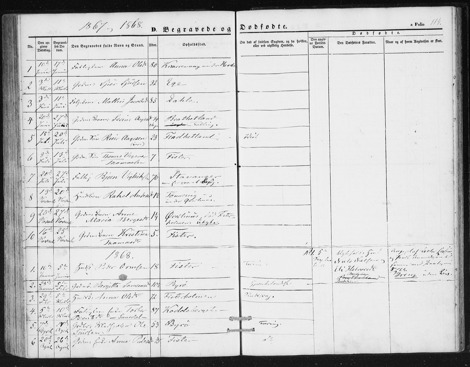 Hjelmeland sokneprestkontor, AV/SAST-A-101843/01/IV/L0010: Parish register (official) no. A 10, 1851-1871, p. 114