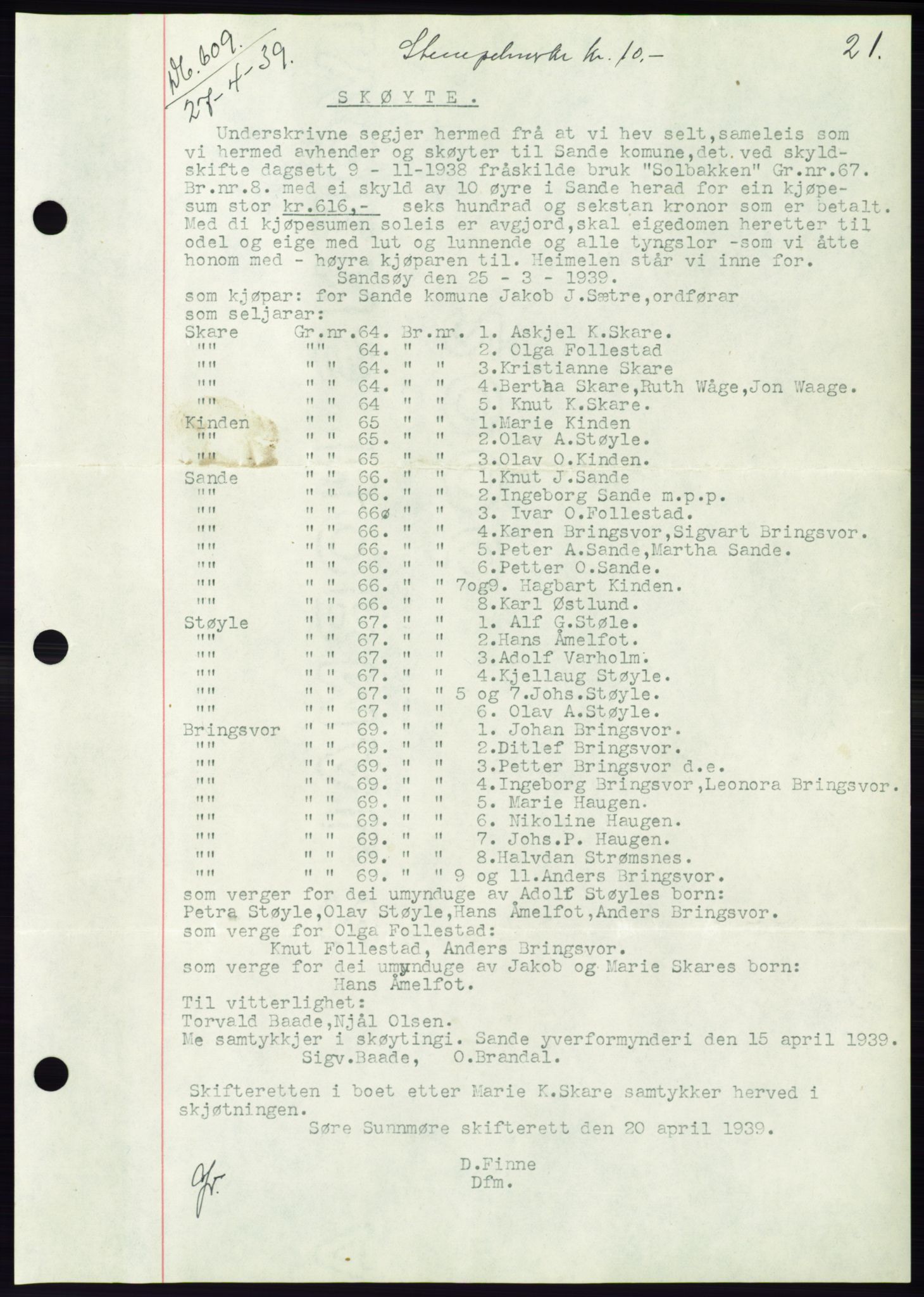 Søre Sunnmøre sorenskriveri, AV/SAT-A-4122/1/2/2C/L0068: Mortgage book no. 62, 1939-1939, Diary no: : 609/1939