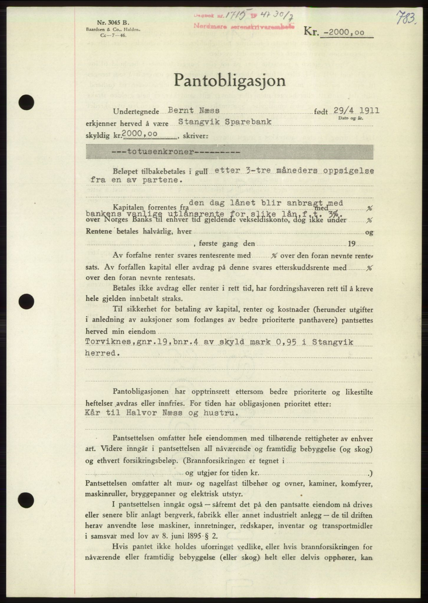 Nordmøre sorenskriveri, AV/SAT-A-4132/1/2/2Ca: Mortgage book no. B96, 1947-1947, Diary no: : 1715/1947