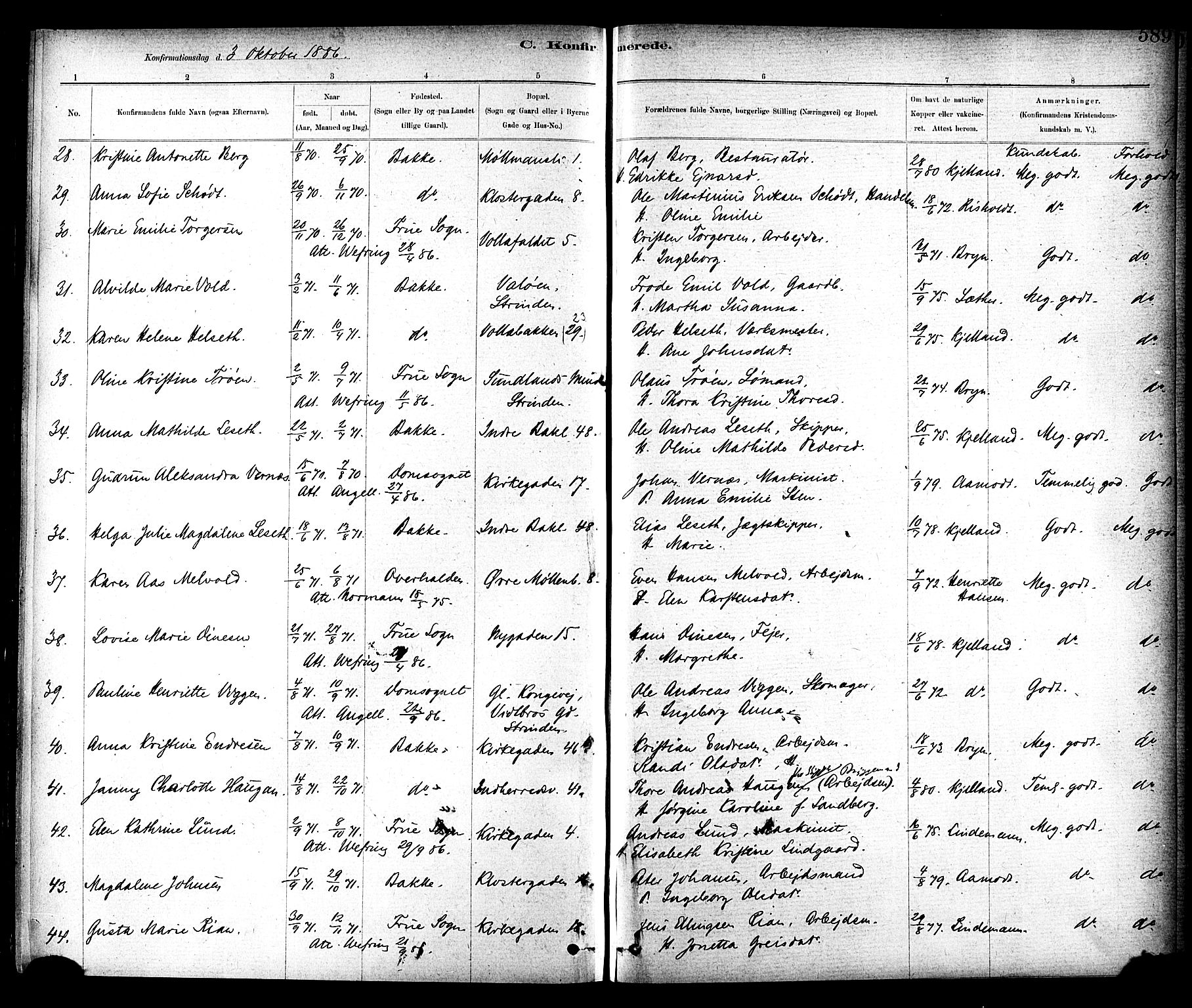 Ministerialprotokoller, klokkerbøker og fødselsregistre - Sør-Trøndelag, AV/SAT-A-1456/604/L0188: Parish register (official) no. 604A09, 1878-1892, p. 589