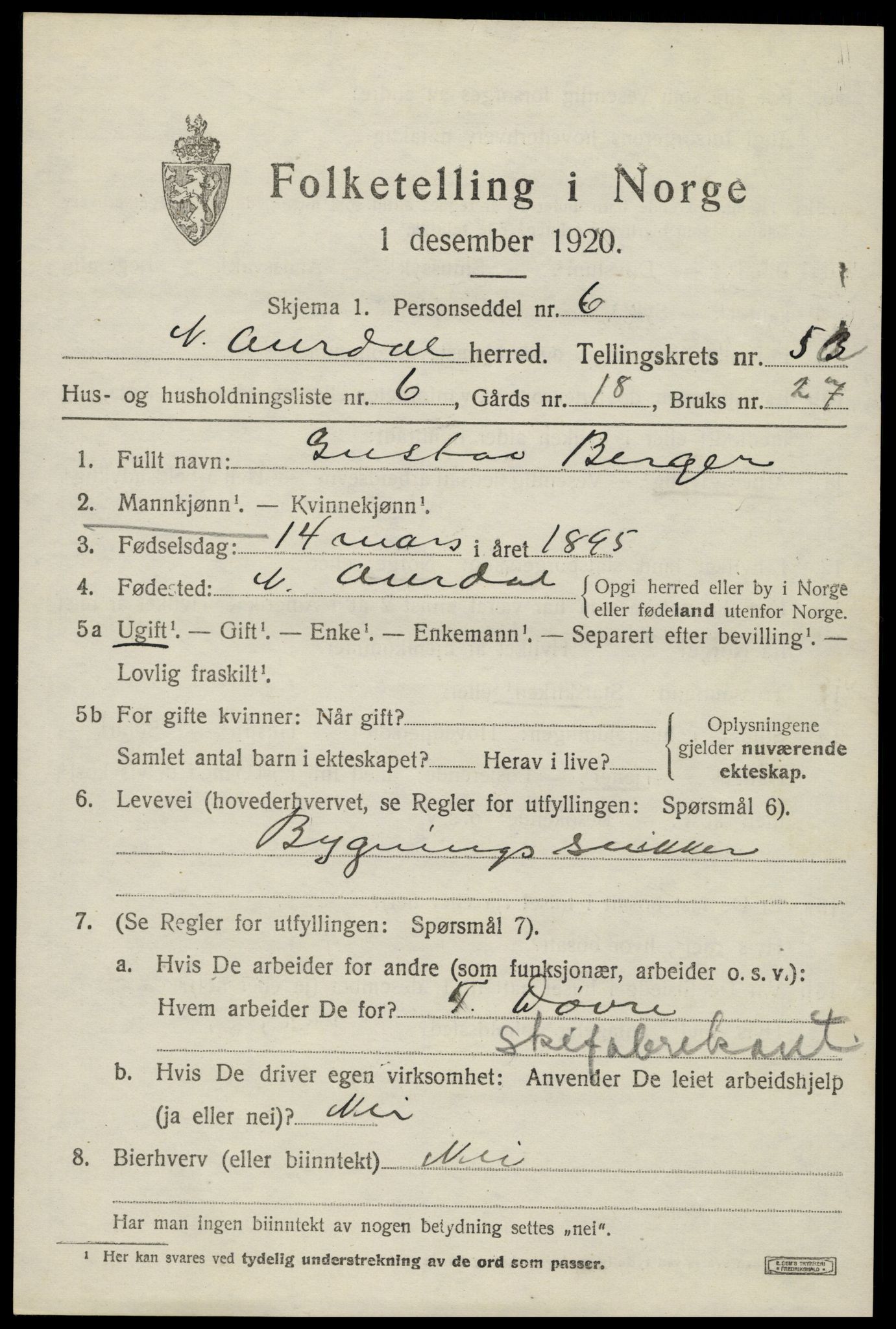 SAH, 1920 census for Nord-Aurdal, 1920, p. 4732