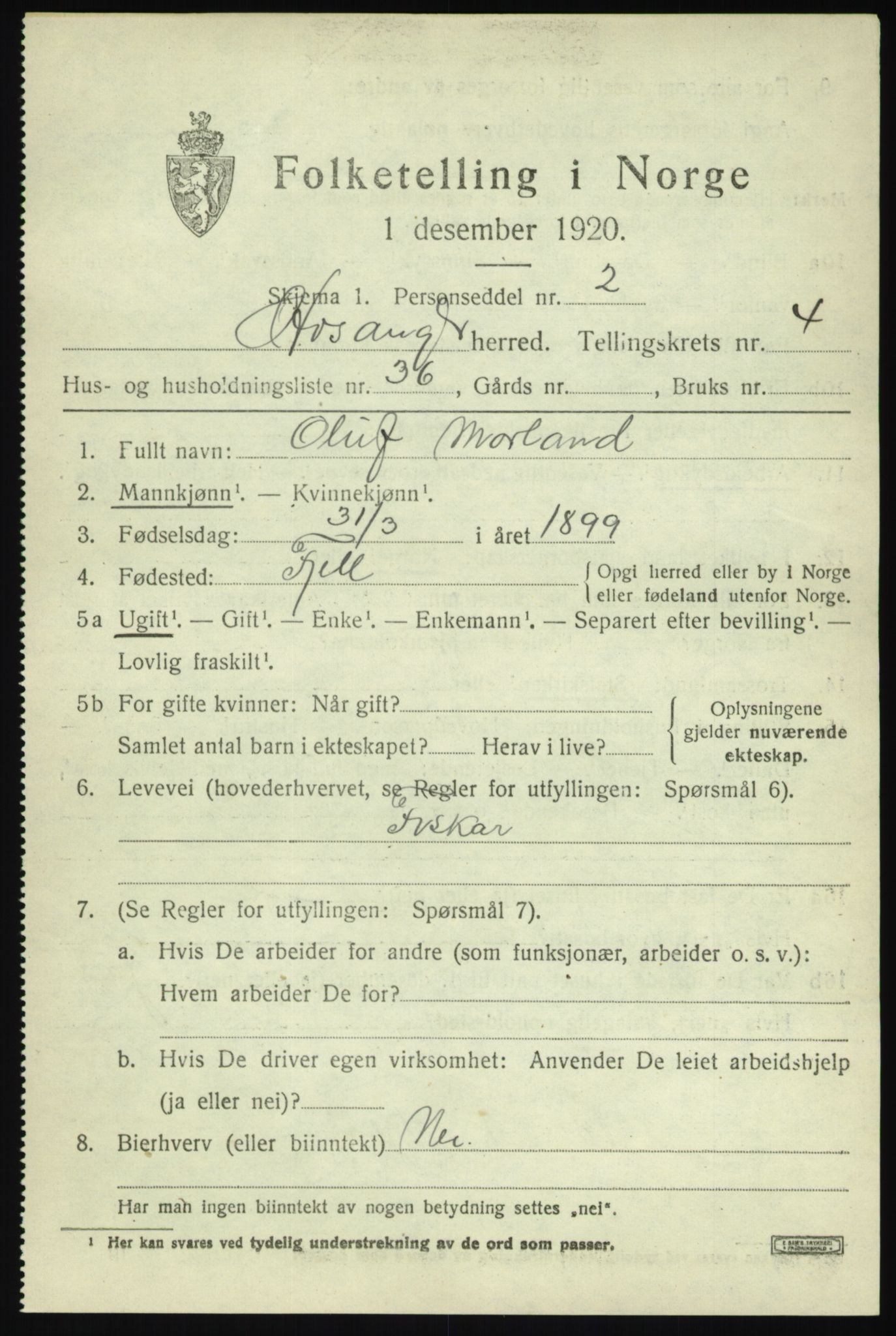 SAB, 1920 census for Hosanger, 1920, p. 2309