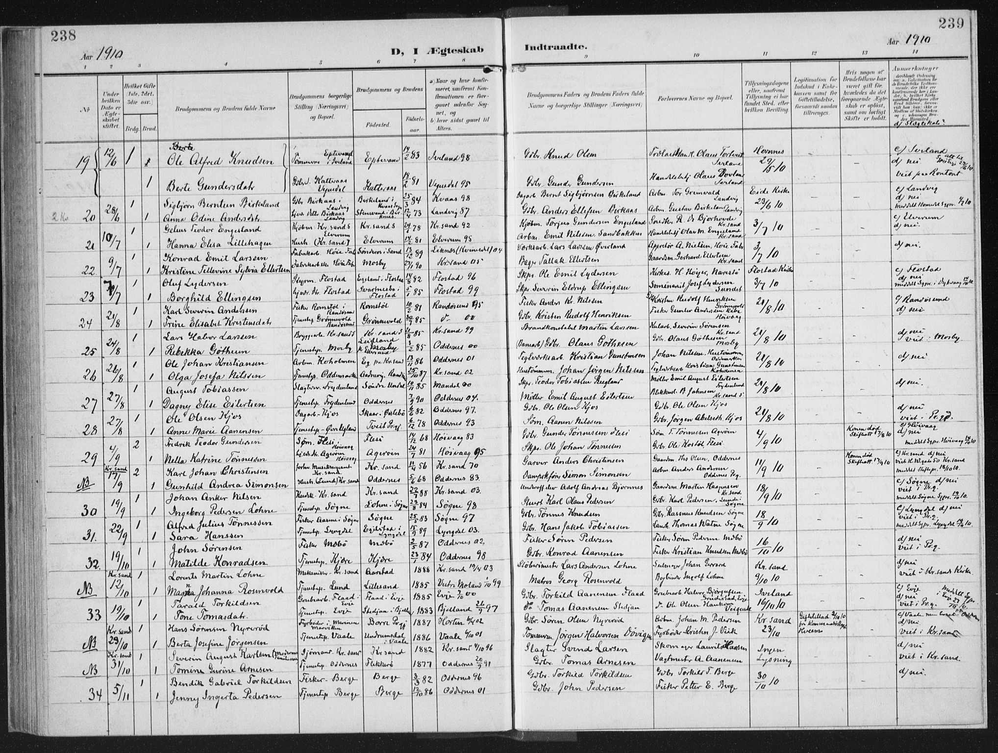 Oddernes sokneprestkontor, AV/SAK-1111-0033/F/Fa/Faa/L0011: Parish register (official) no. A 11, 1904-1911, p. 238-239