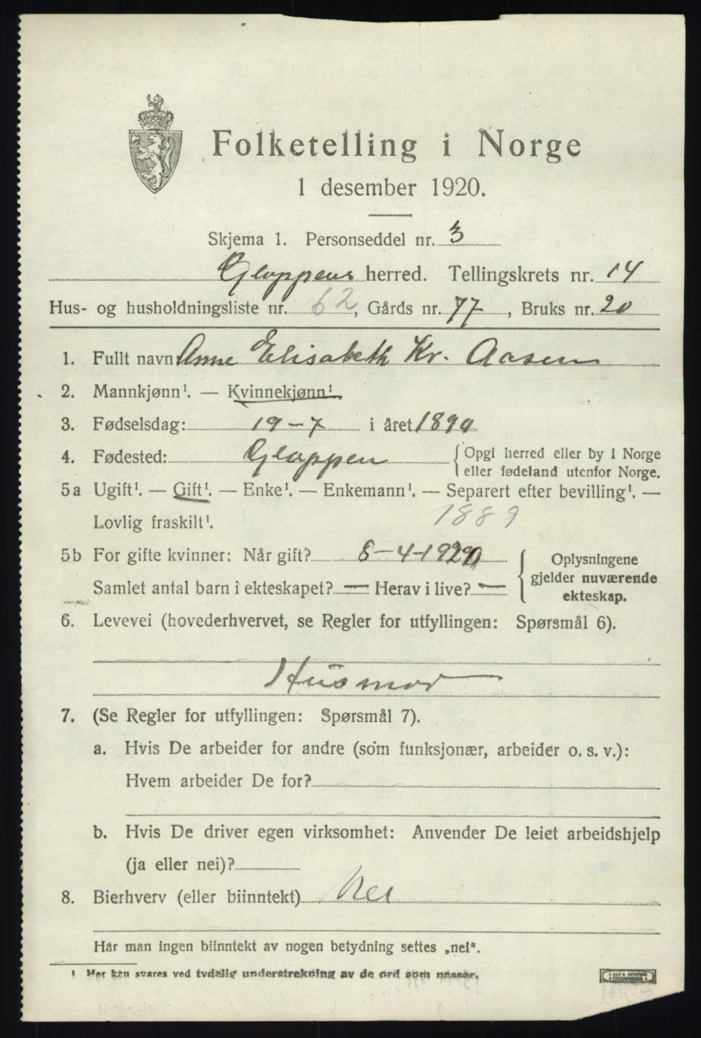 SAB, 1920 census for Gloppen, 1920, p. 7660