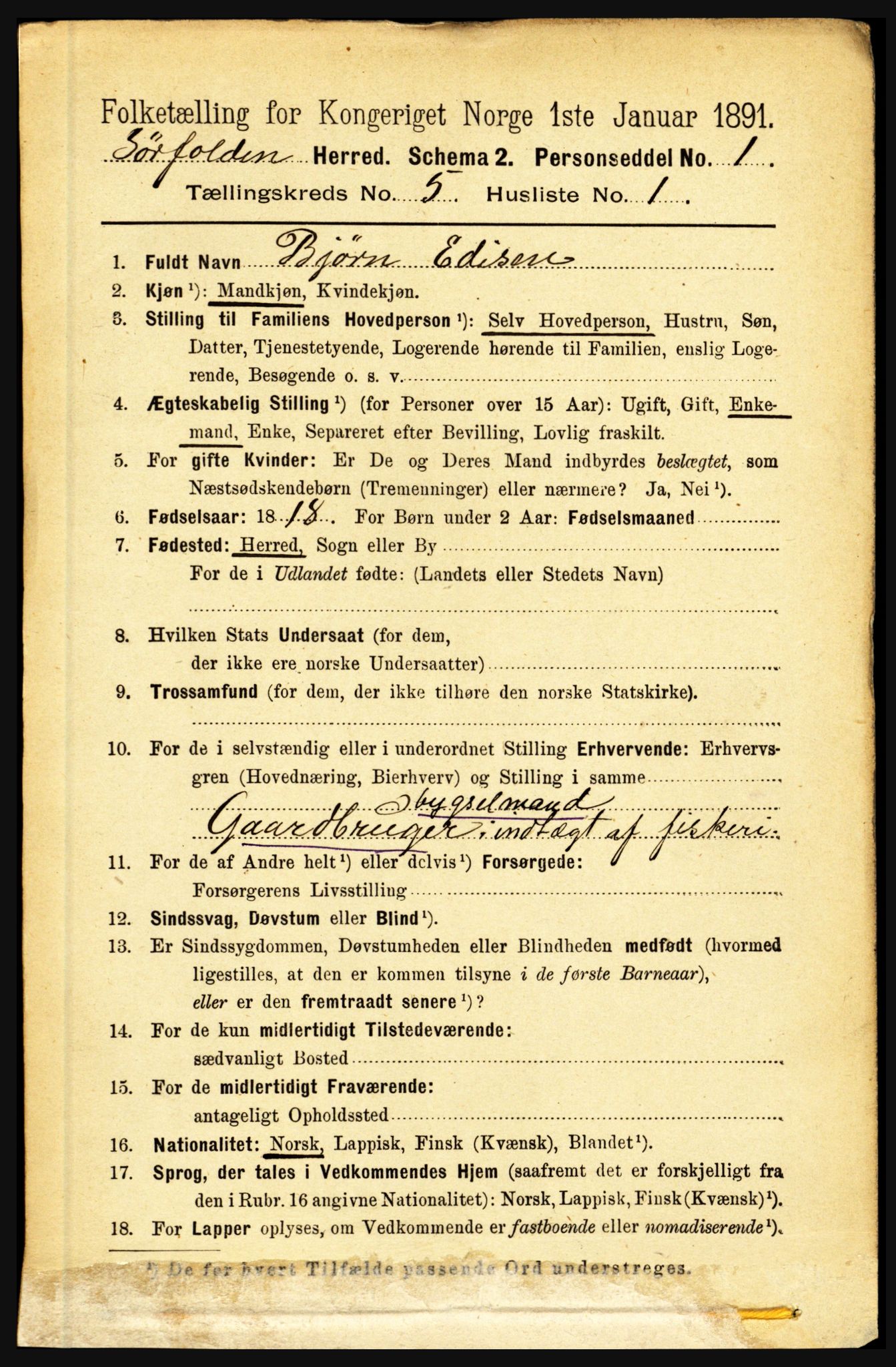 RA, 1891 census for 1845 Sørfold, 1891, p. 1362