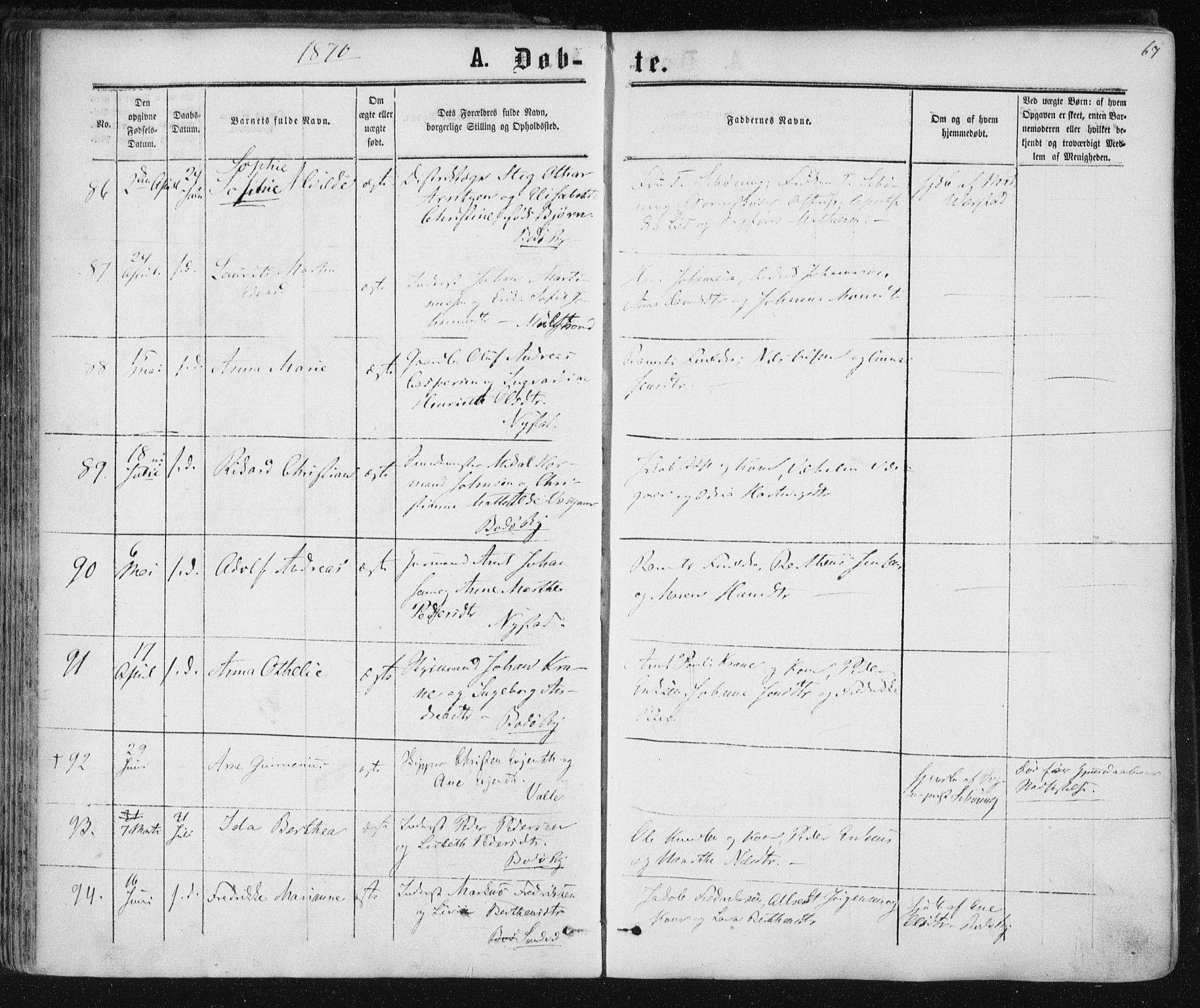 Ministerialprotokoller, klokkerbøker og fødselsregistre - Nordland, SAT/A-1459/801/L0008: Parish register (official) no. 801A08, 1864-1875, p. 67